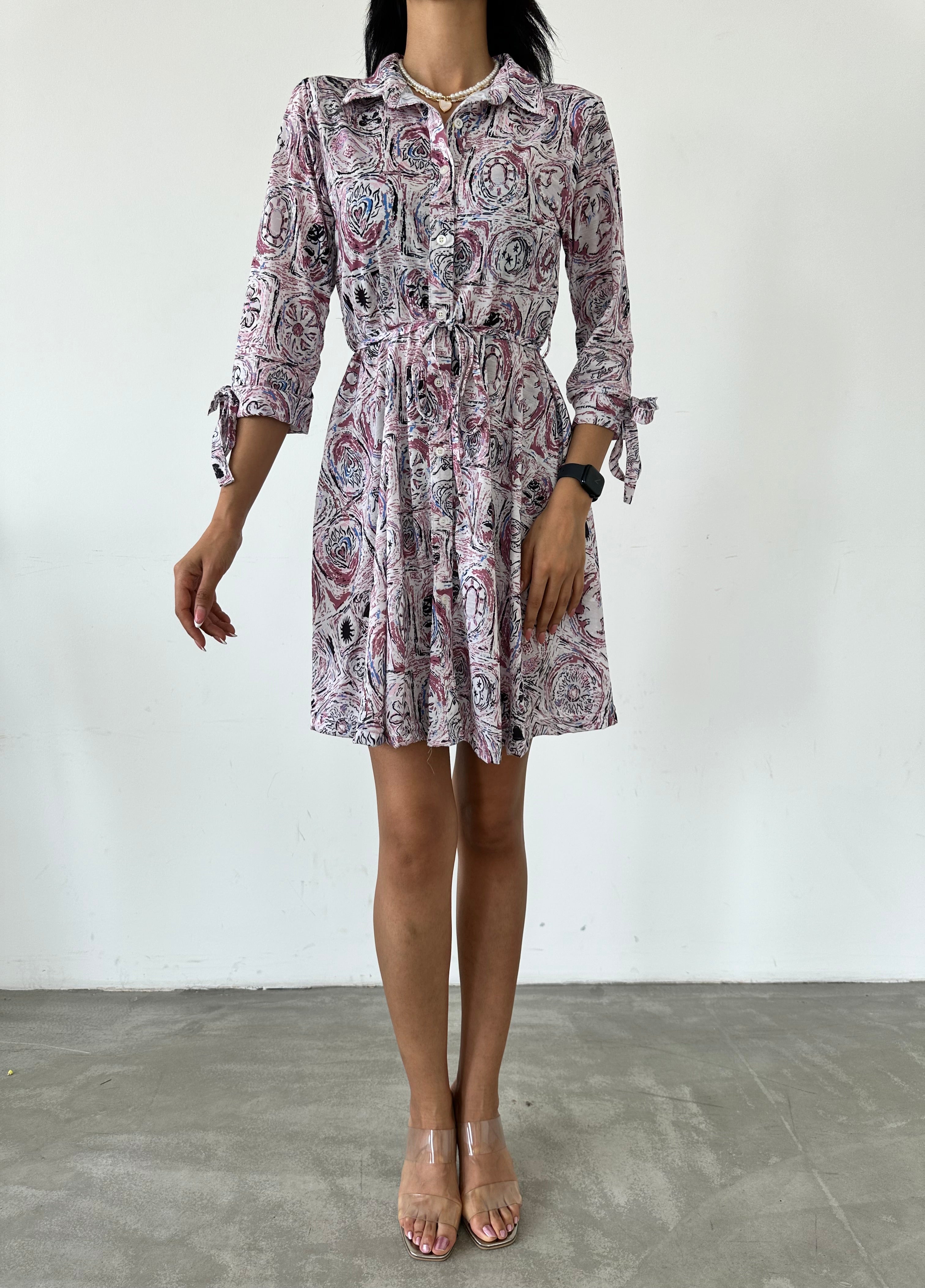 Shawl Pattern Shirt Collar Lace Detail Buttoned Dress