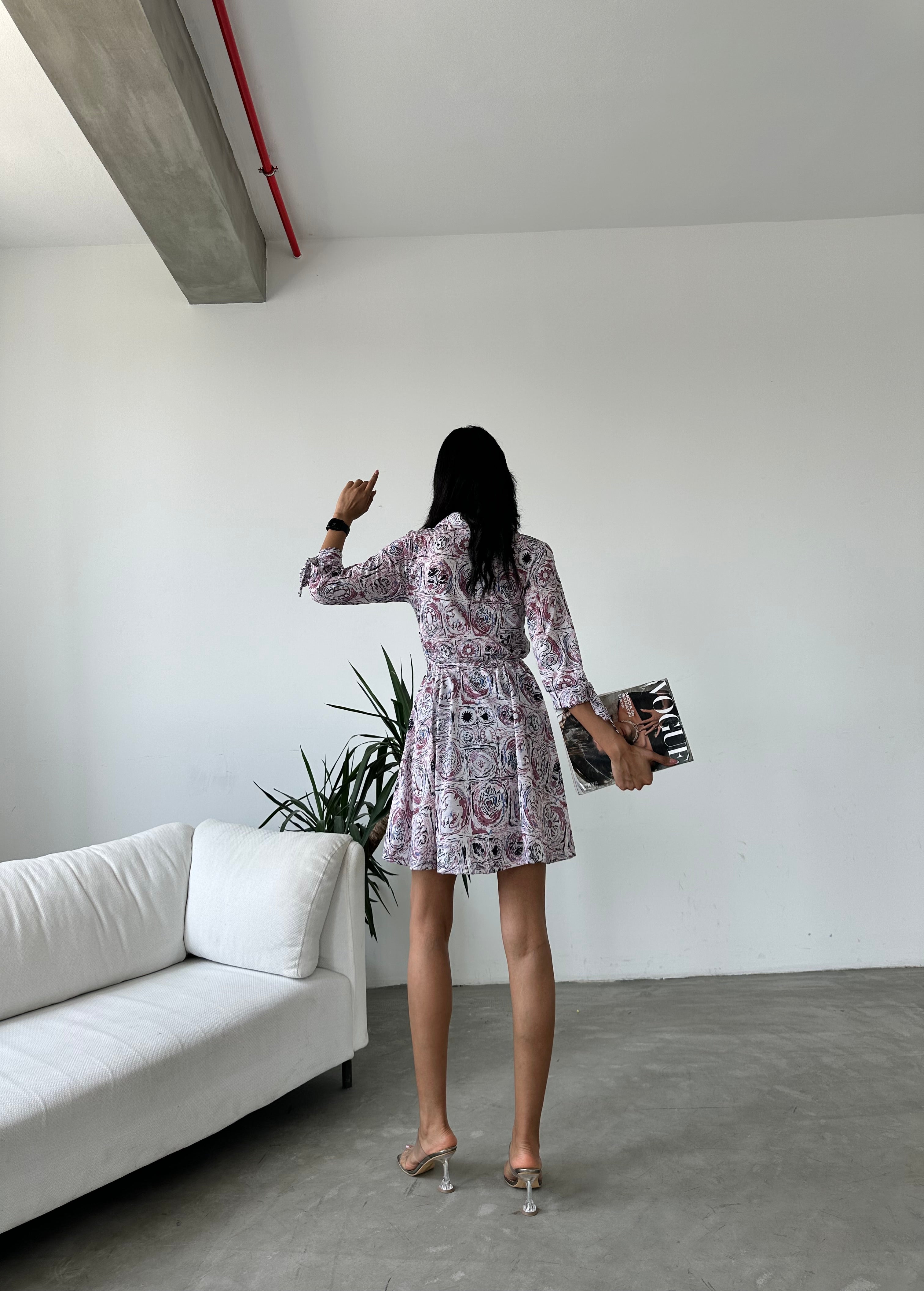 Shawl Pattern Shirt Collar Lace Detail Buttoned Dress