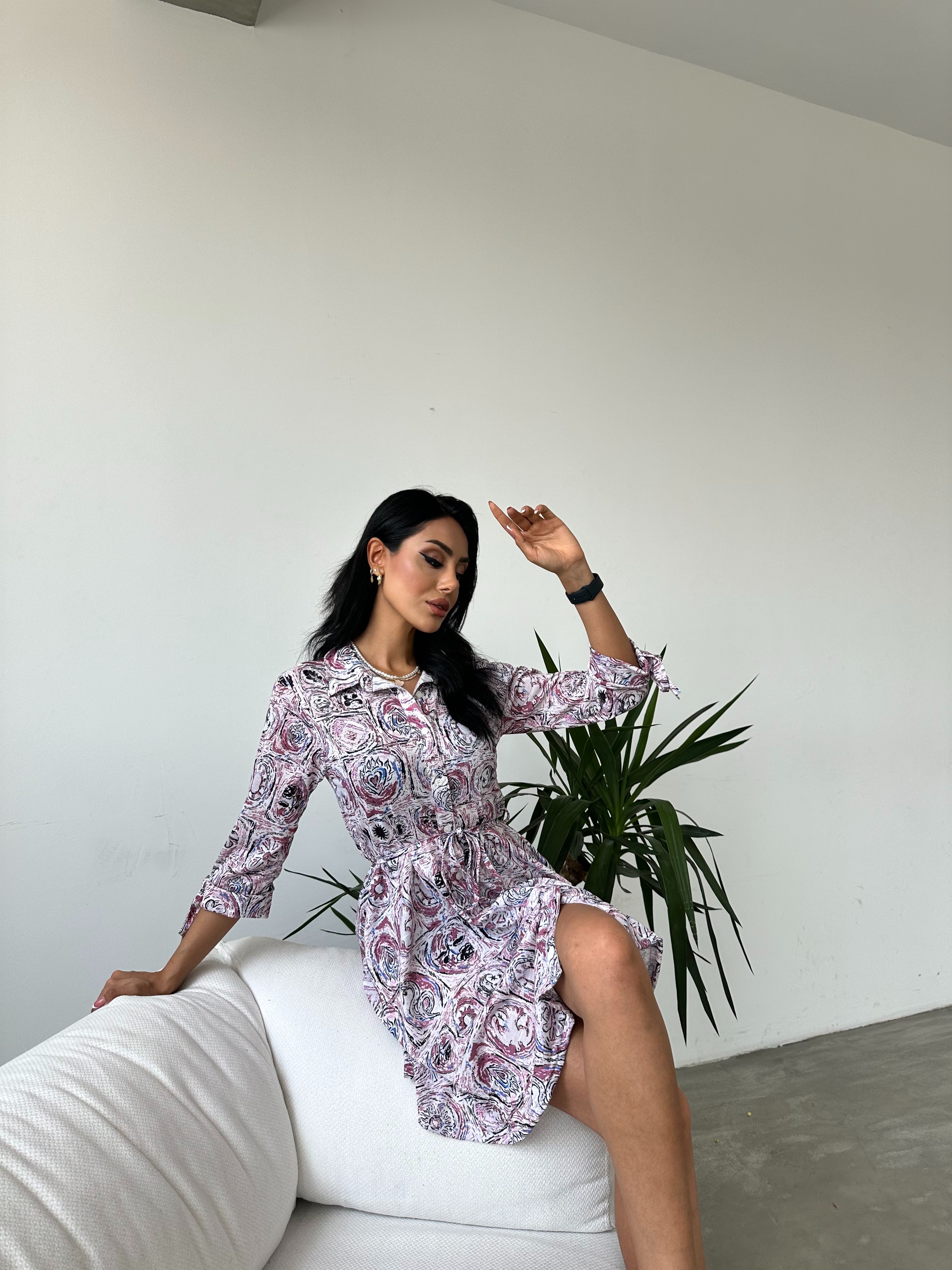 Shawl Pattern Shirt Collar Lace Detail Buttoned Dress