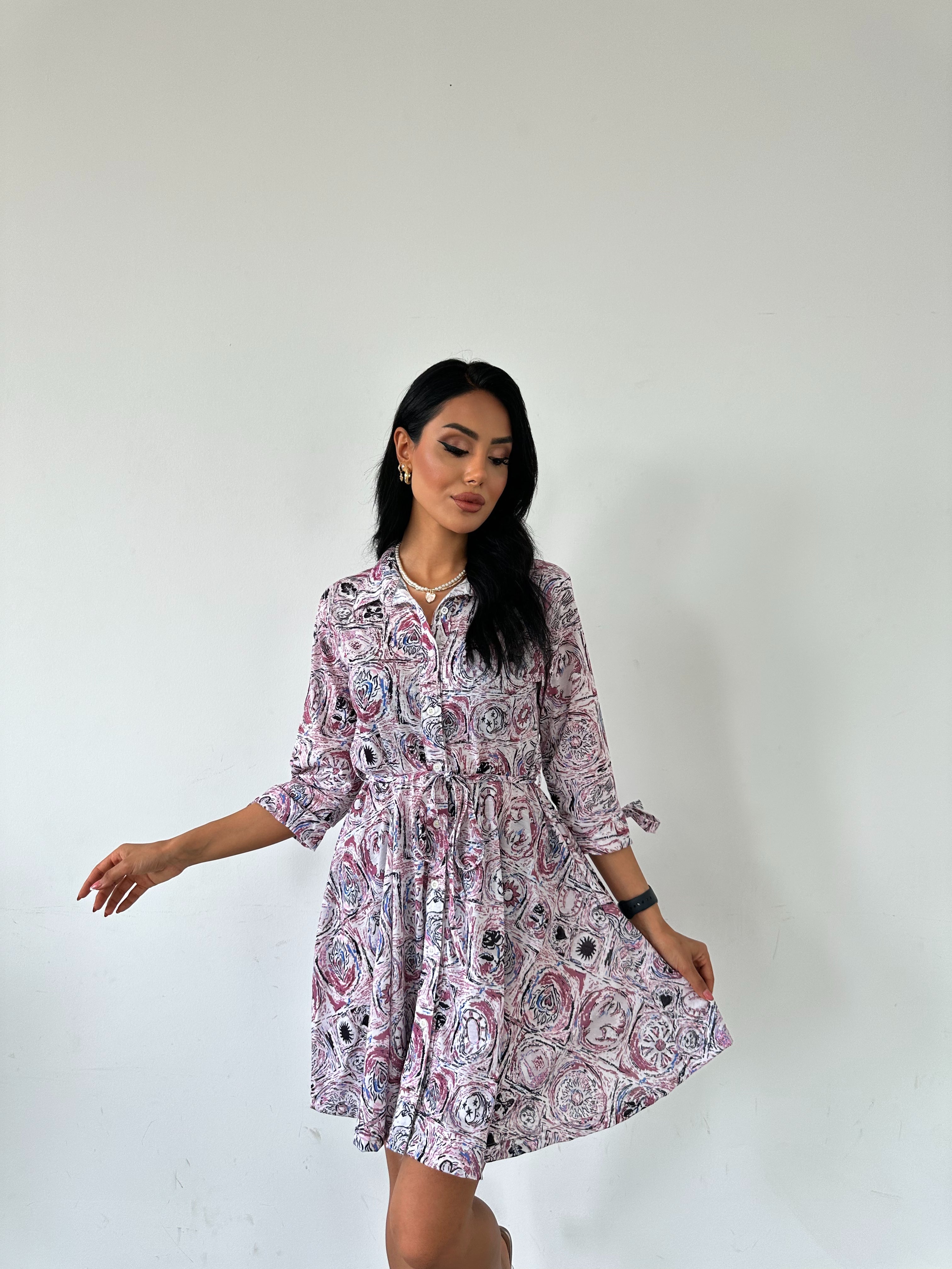 Shawl Pattern Shirt Collar Lace Detail Buttoned Dress