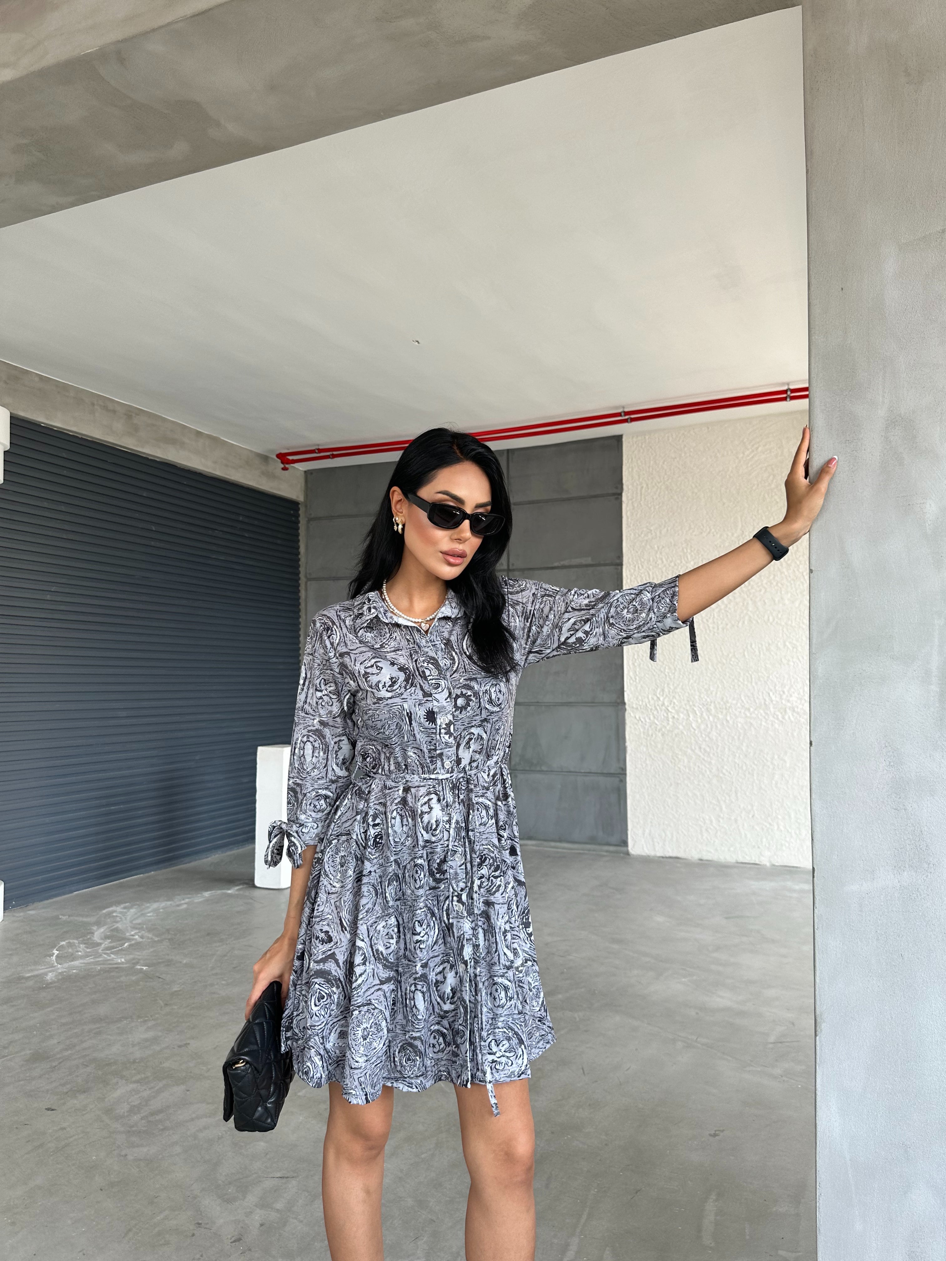 Shawl Pattern Shirt Collar Lace Detail Buttoned Dress