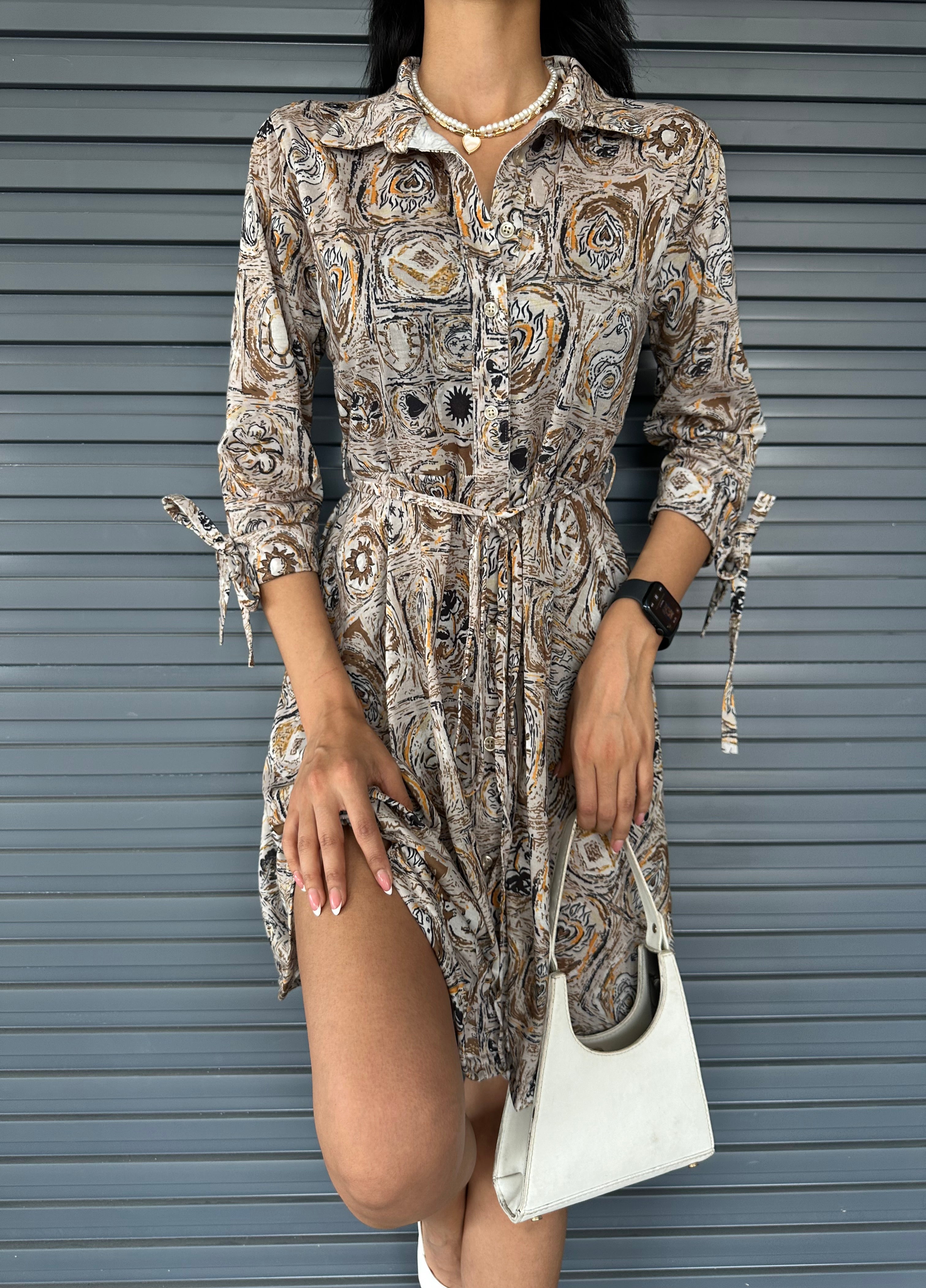 Shawl Pattern Shirt Collar Lace Detail Buttoned Dress