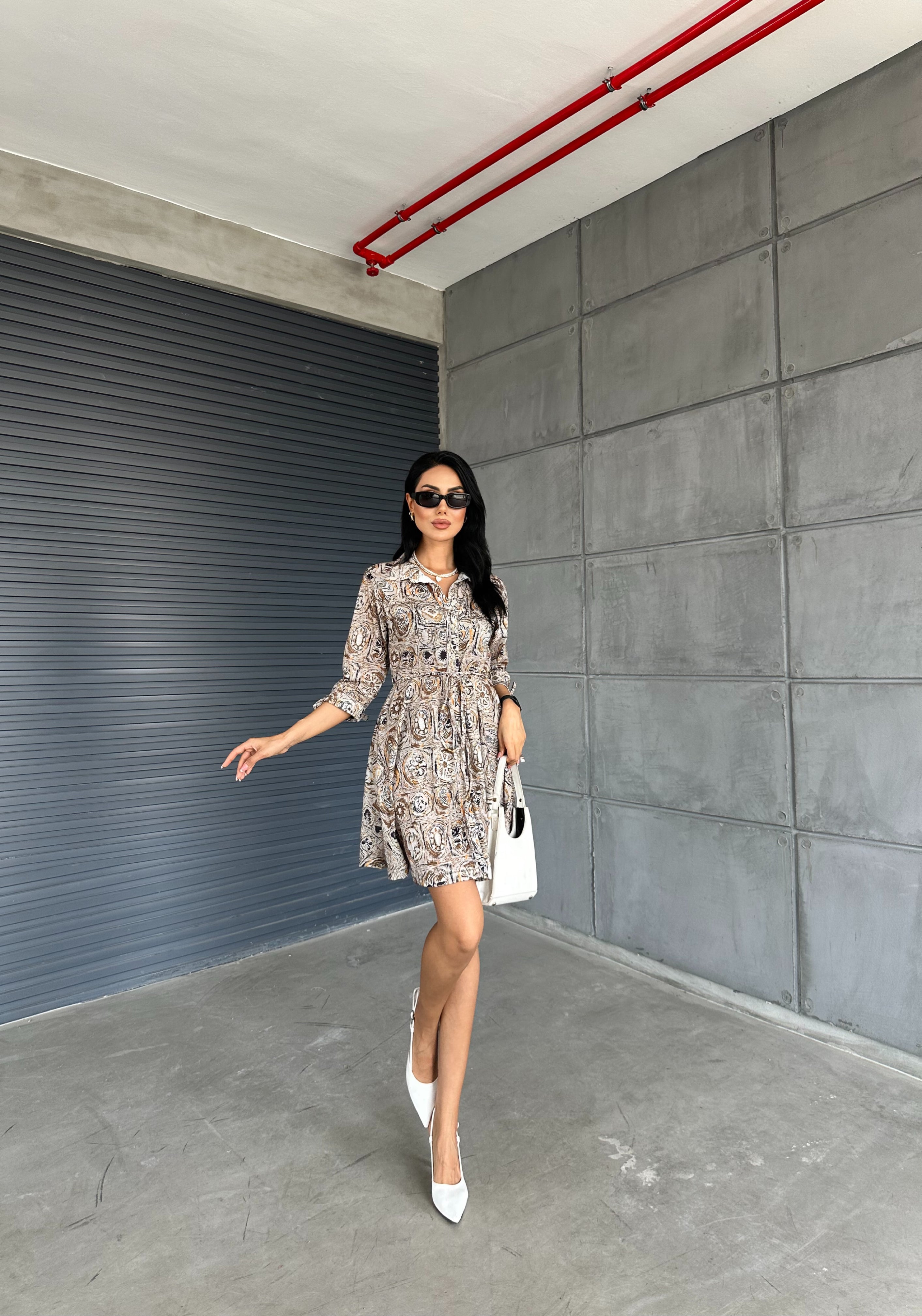 Shawl Pattern Shirt Collar Lace Detail Buttoned Dress