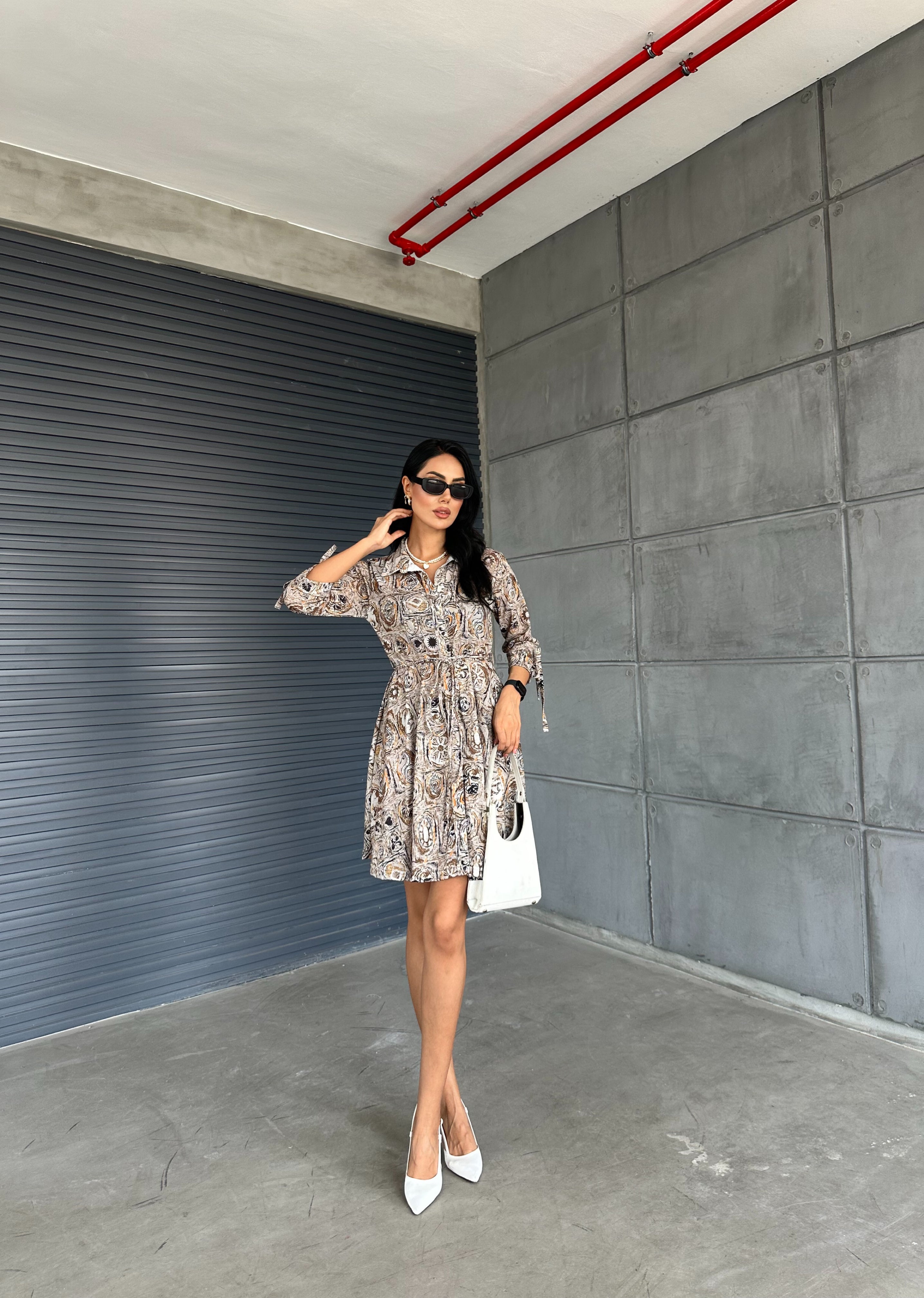 Shawl Pattern Shirt Collar Lace Detail Buttoned Dress