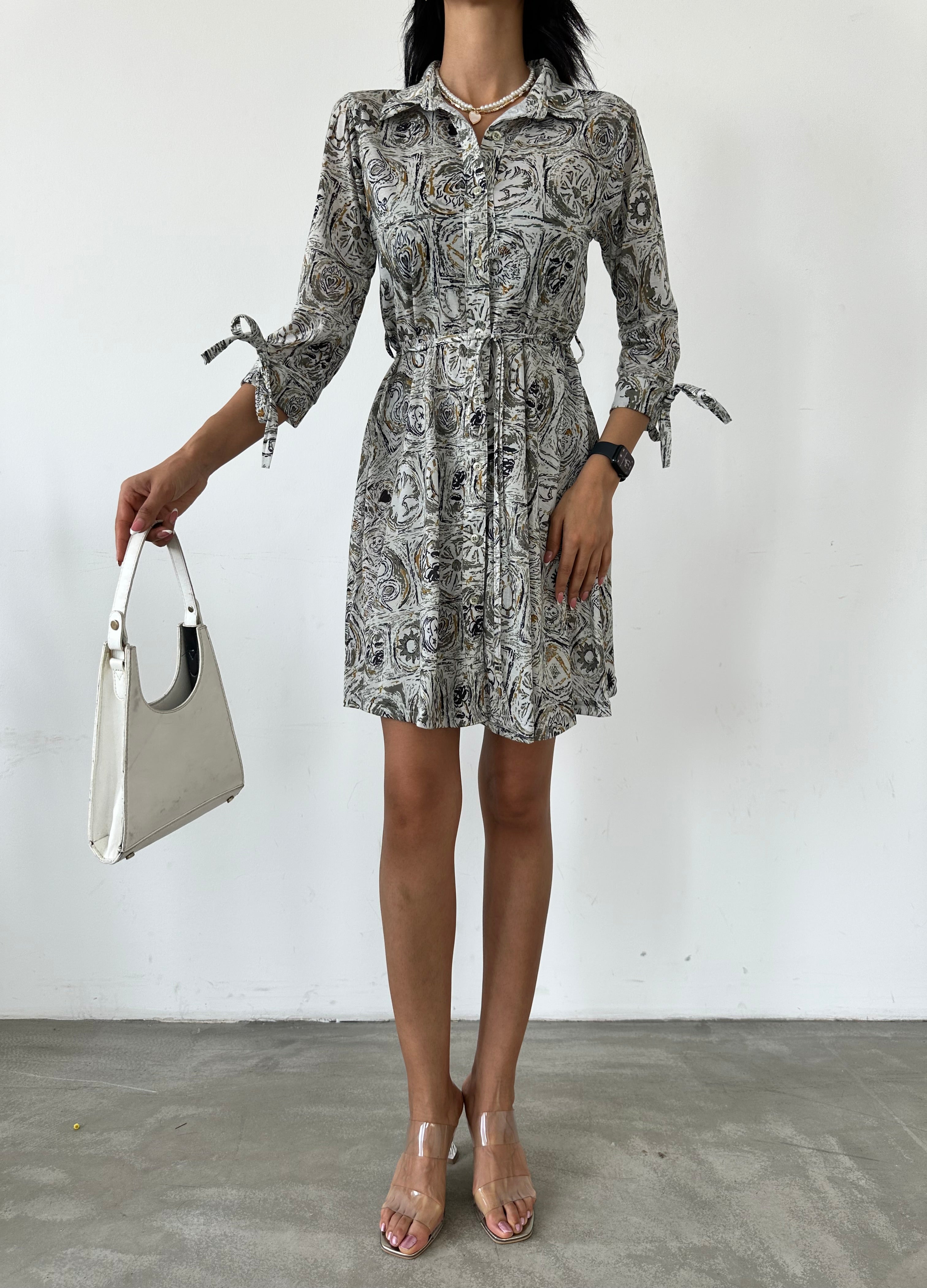 Shawl Pattern Shirt Collar Lace Detail Buttoned Dress