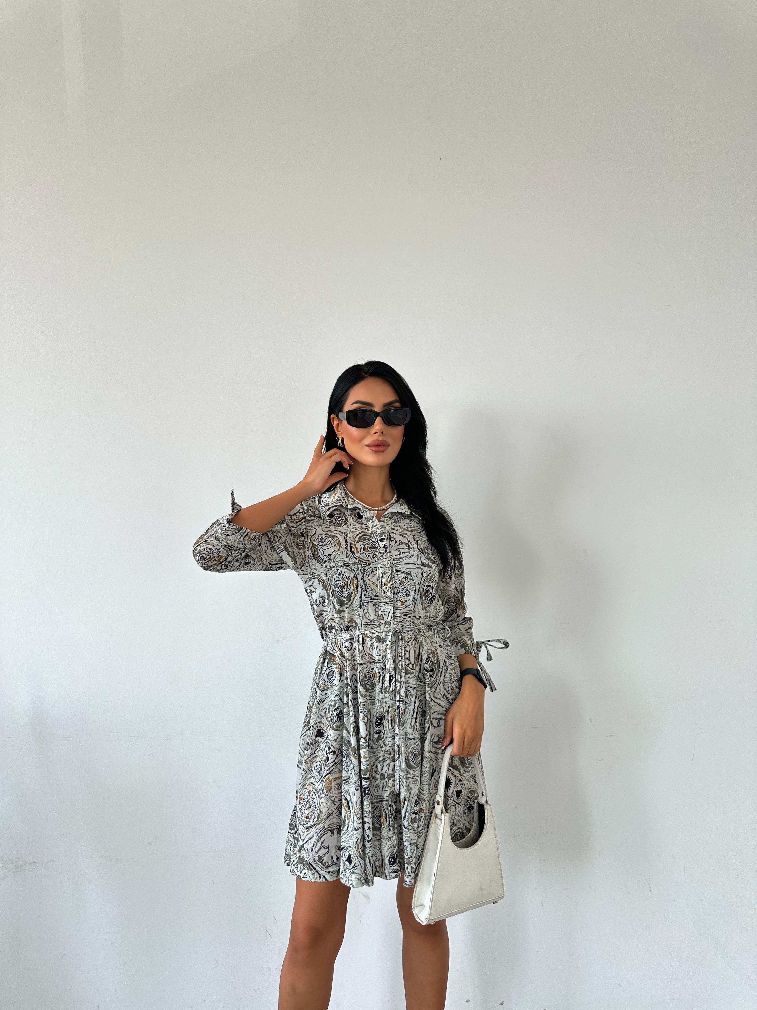 Shawl Pattern Shirt Collar Lace Detail Buttoned Dress