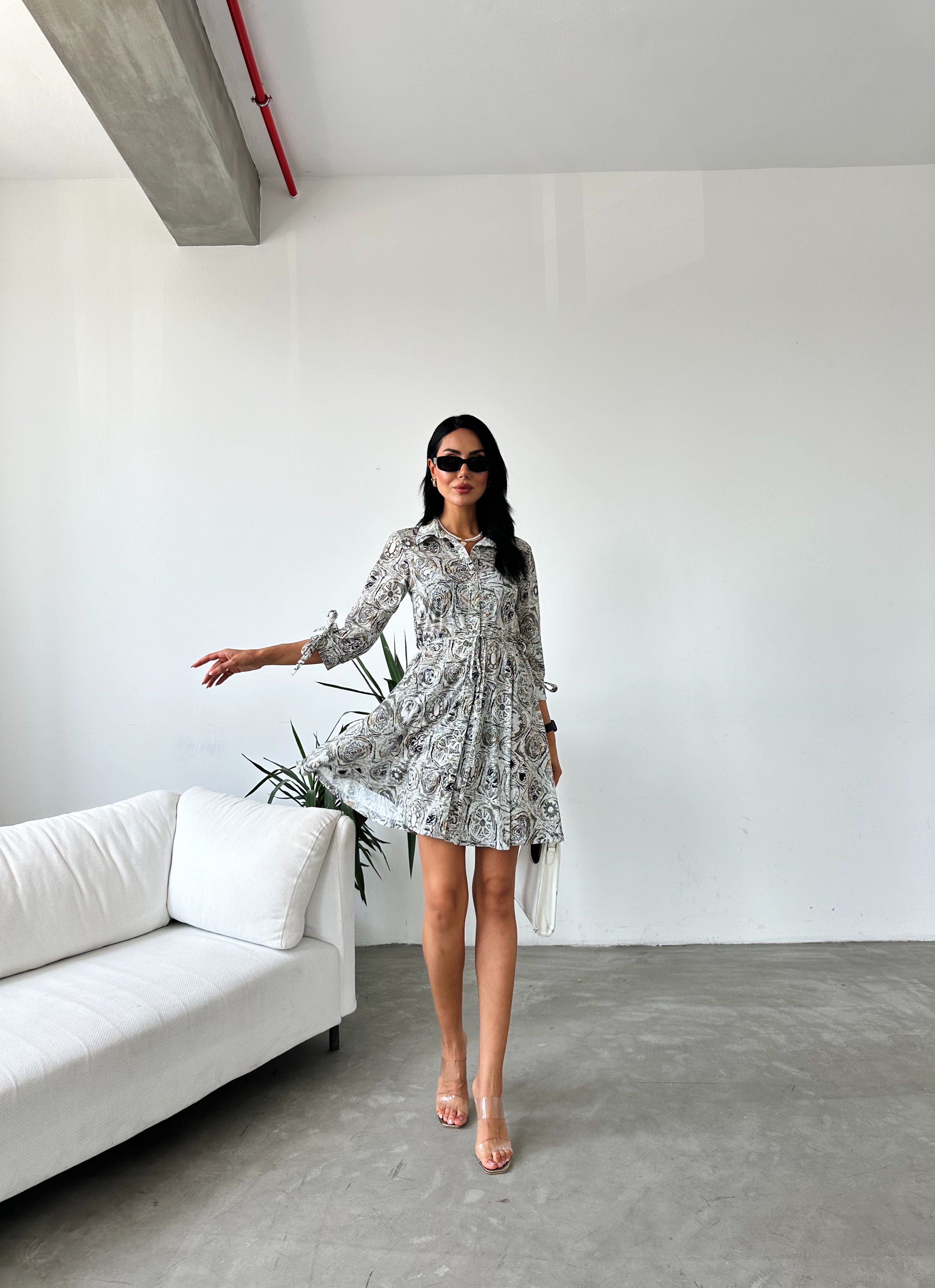 Shawl Pattern Shirt Collar Lace Detail Buttoned Dress