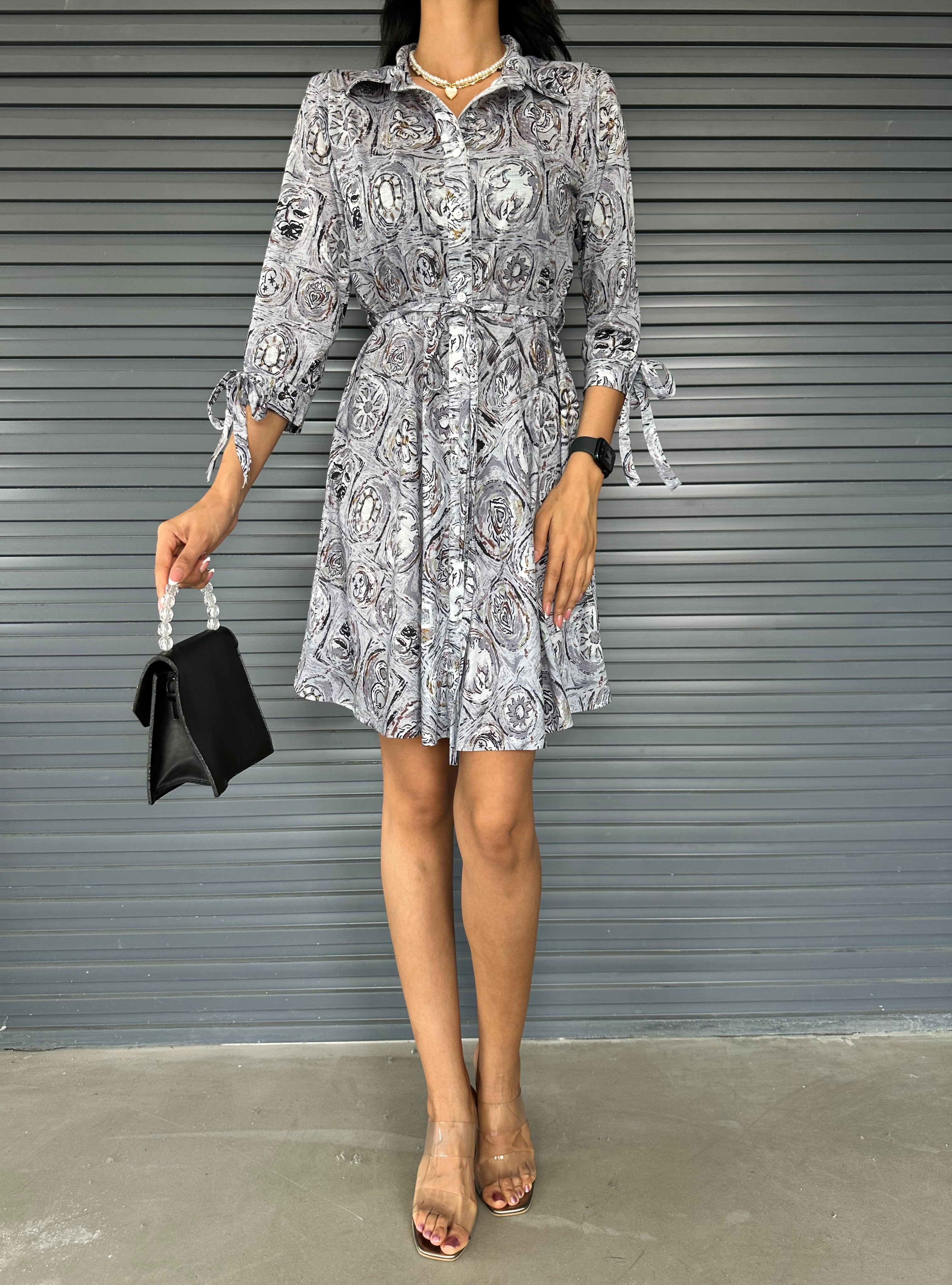 Shawl Pattern Shirt Collar Lace Detail Buttoned Dress