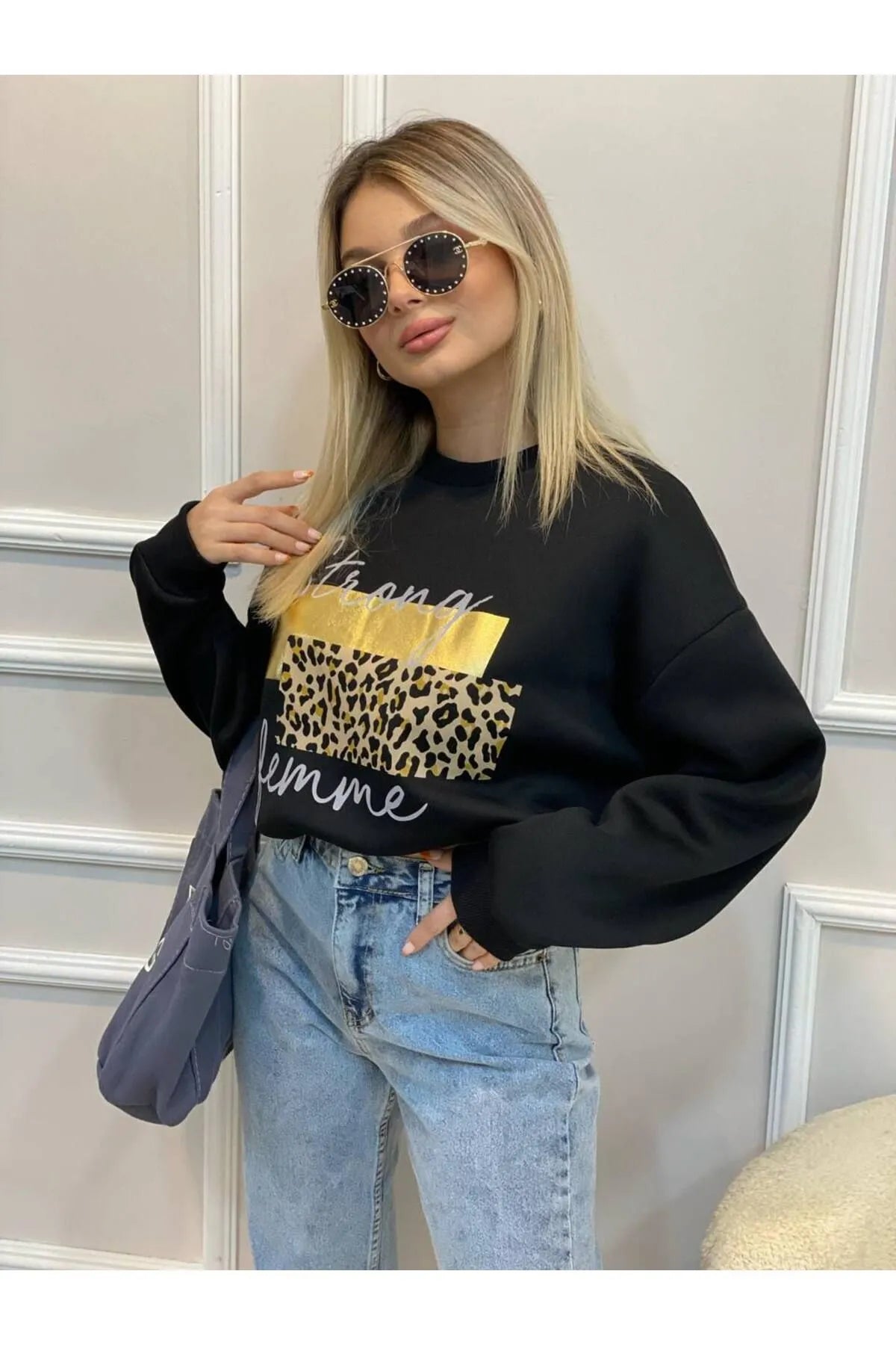 Strong Femme Baskılı Bisiklet Yaka Sweatshirt