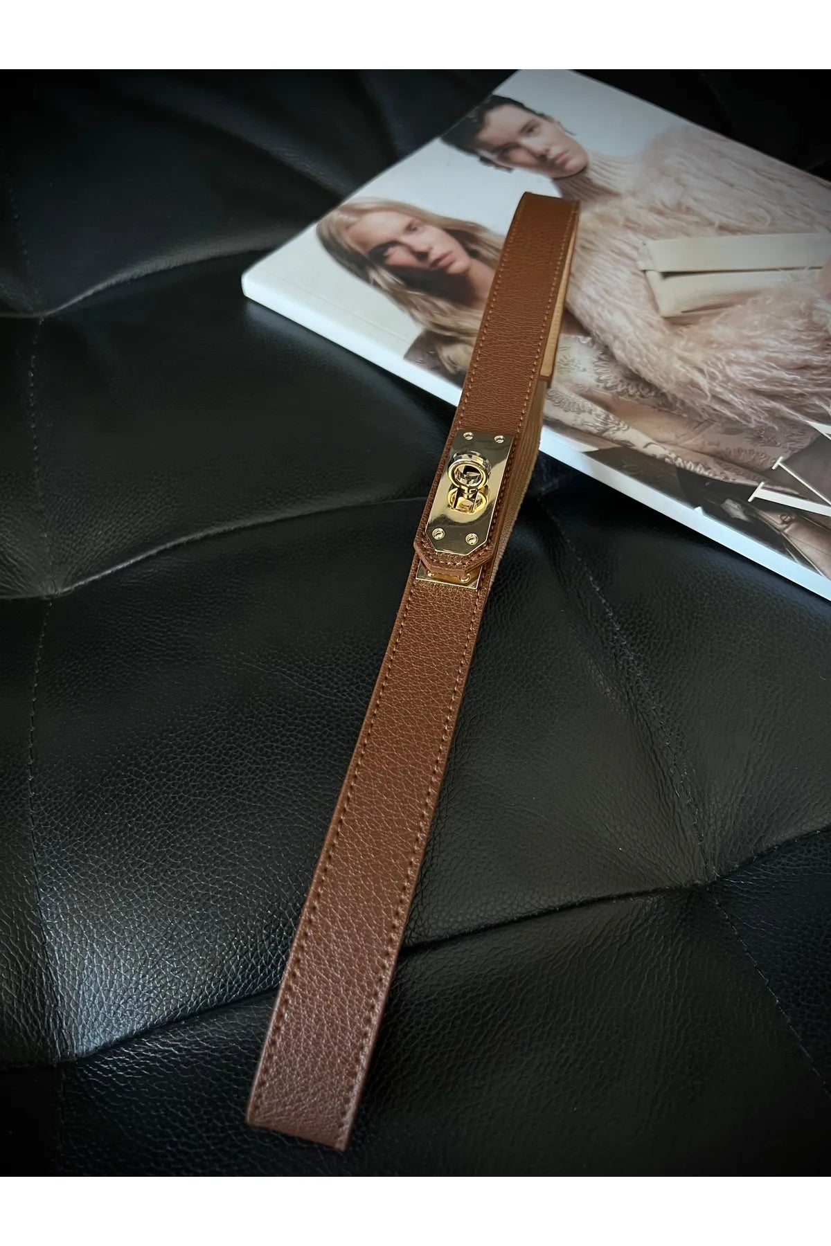 Women's Thin Elastic Trouser Belt with Lock Buckle
