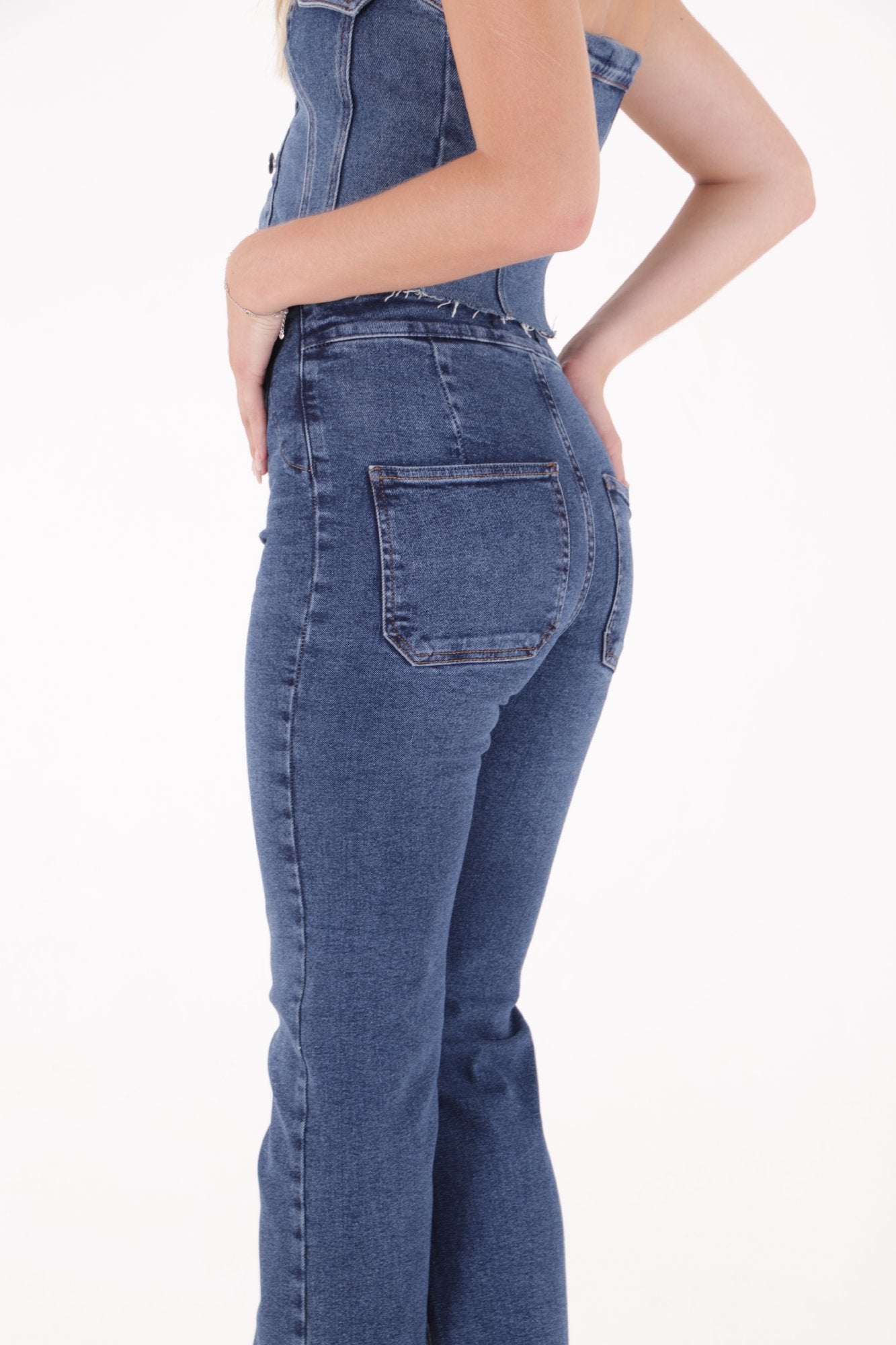 Cepsiz Pensli Bol Paça Kot Pantolon - Koyu Mavi Kot - (26-30-8) - 5