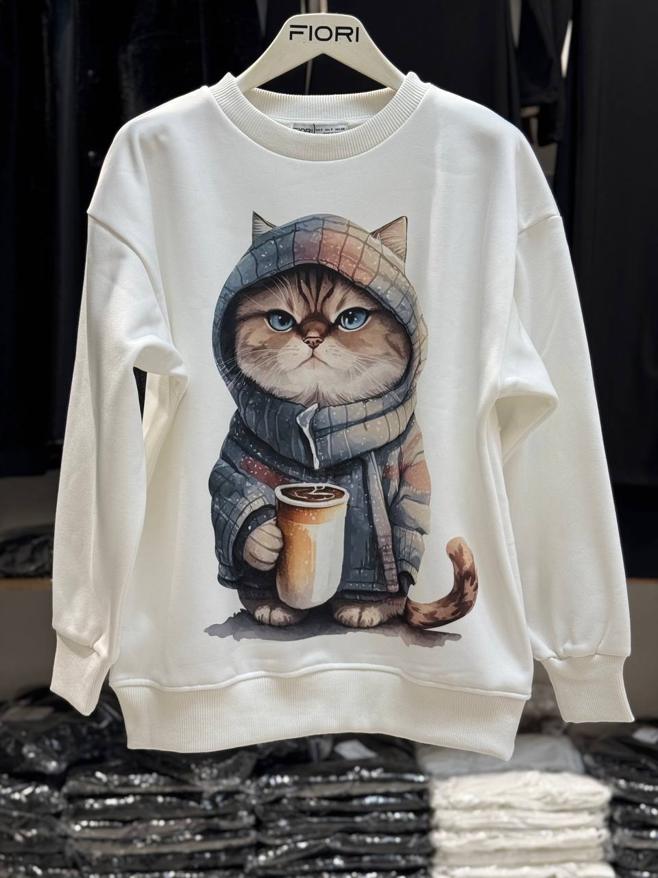 Kedi Baskılı Bisiklet Yaka 3 İplik Şardonlu Sweatshirt