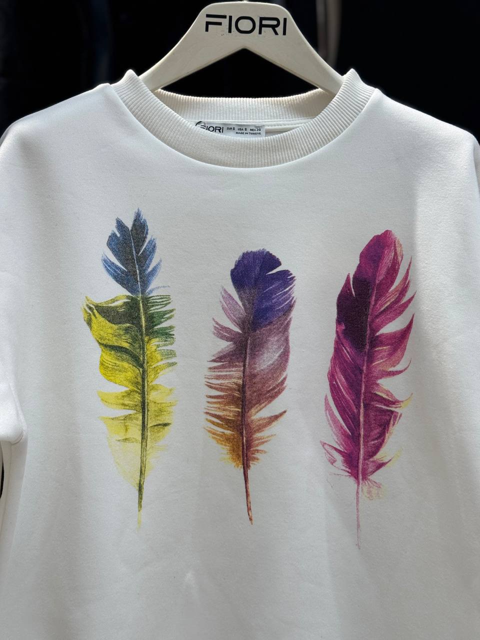 Renkli Tüy Baskılı Bisiklet Yaka 3 İplik Şardonlu Sweatshirt