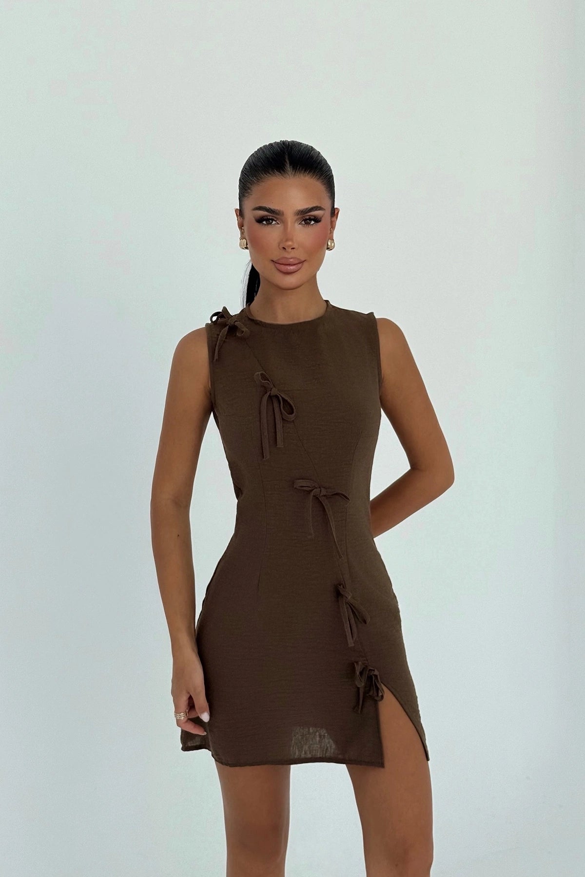 Kahverengi Kathy Mini Fiyonklu Elbise XS