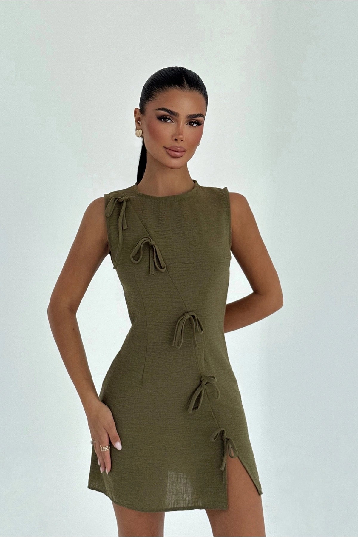 Haki Kathy Mini Fiyonklu Elbise XS