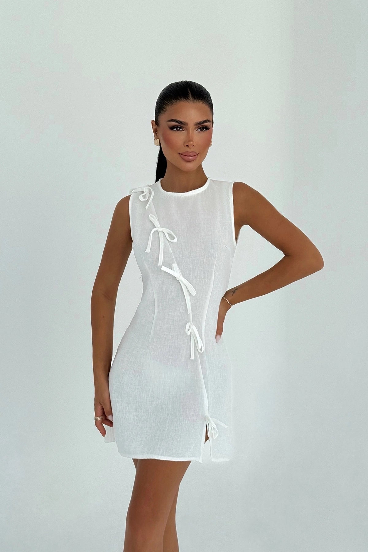 Beyaz Kathy Mini Fiyonklu Elbise XS