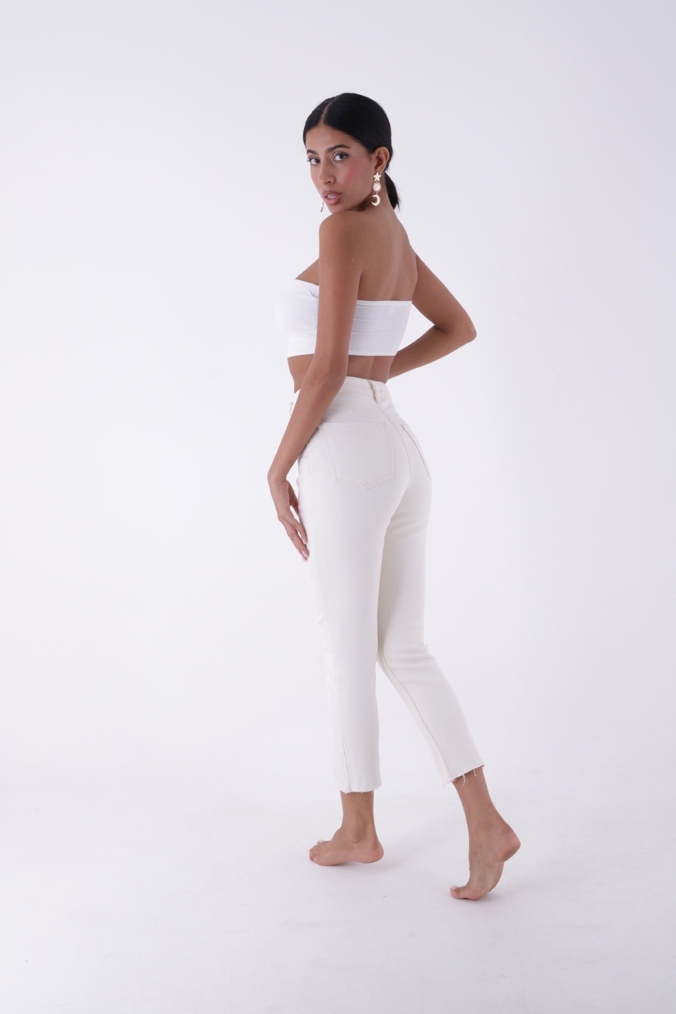 Parçalı Önü Yırtmaçlı Dikişsiz Paça Pantolon - Naturel - (27-32) - 3