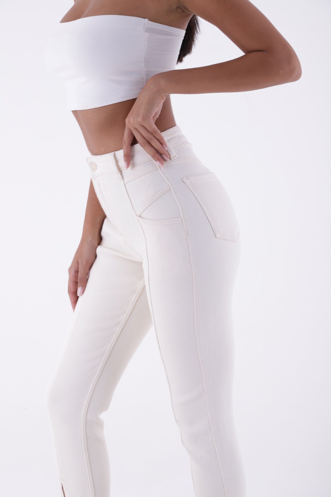 Parçalı Önü Yırtmaçlı Dikişsiz Paça Pantolon - Naturel - (27-32) - 4