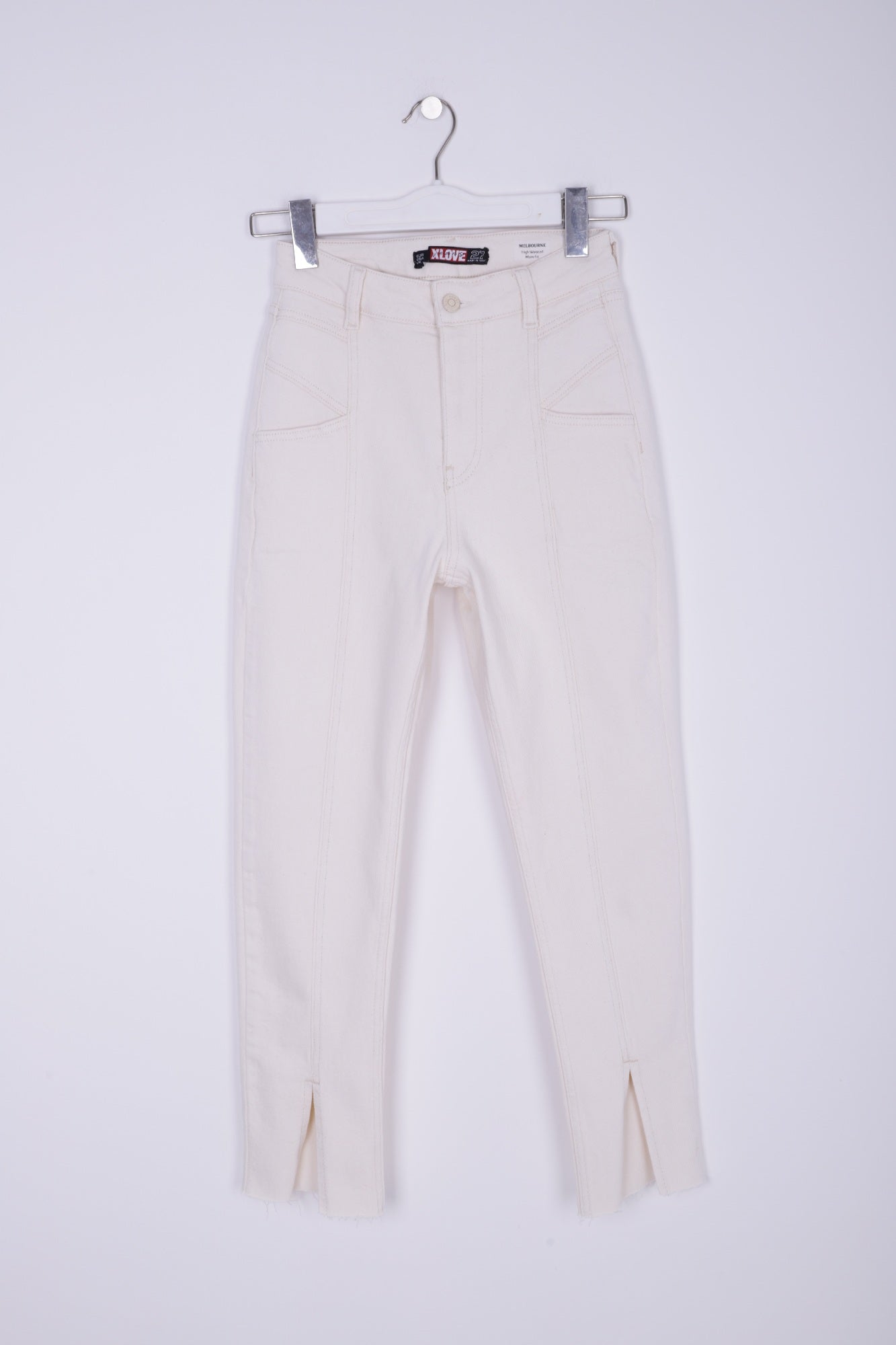 Parçalı Önü Yırtmaçlı Dikişsiz Paça Pantolon - Naturel - (27-32) - 6