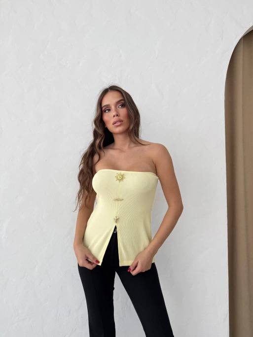 Sarı Seksi Straplez Ekstra Dar Kalıp Crop Top Japone Kol