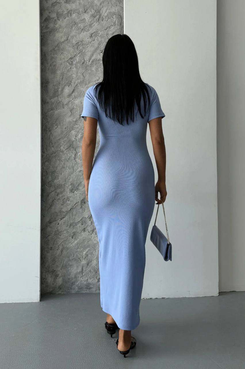 Mavi Zarif Bodycon Elbise Kısa Kollu