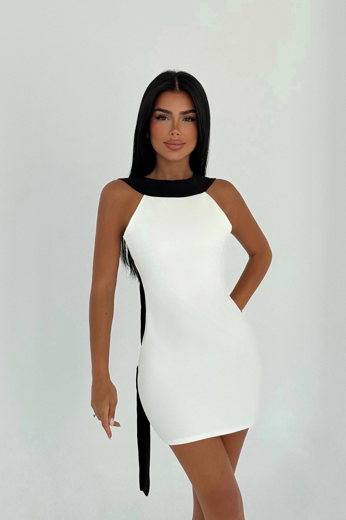 Beyaz Çift Renk Mini Elbise XS