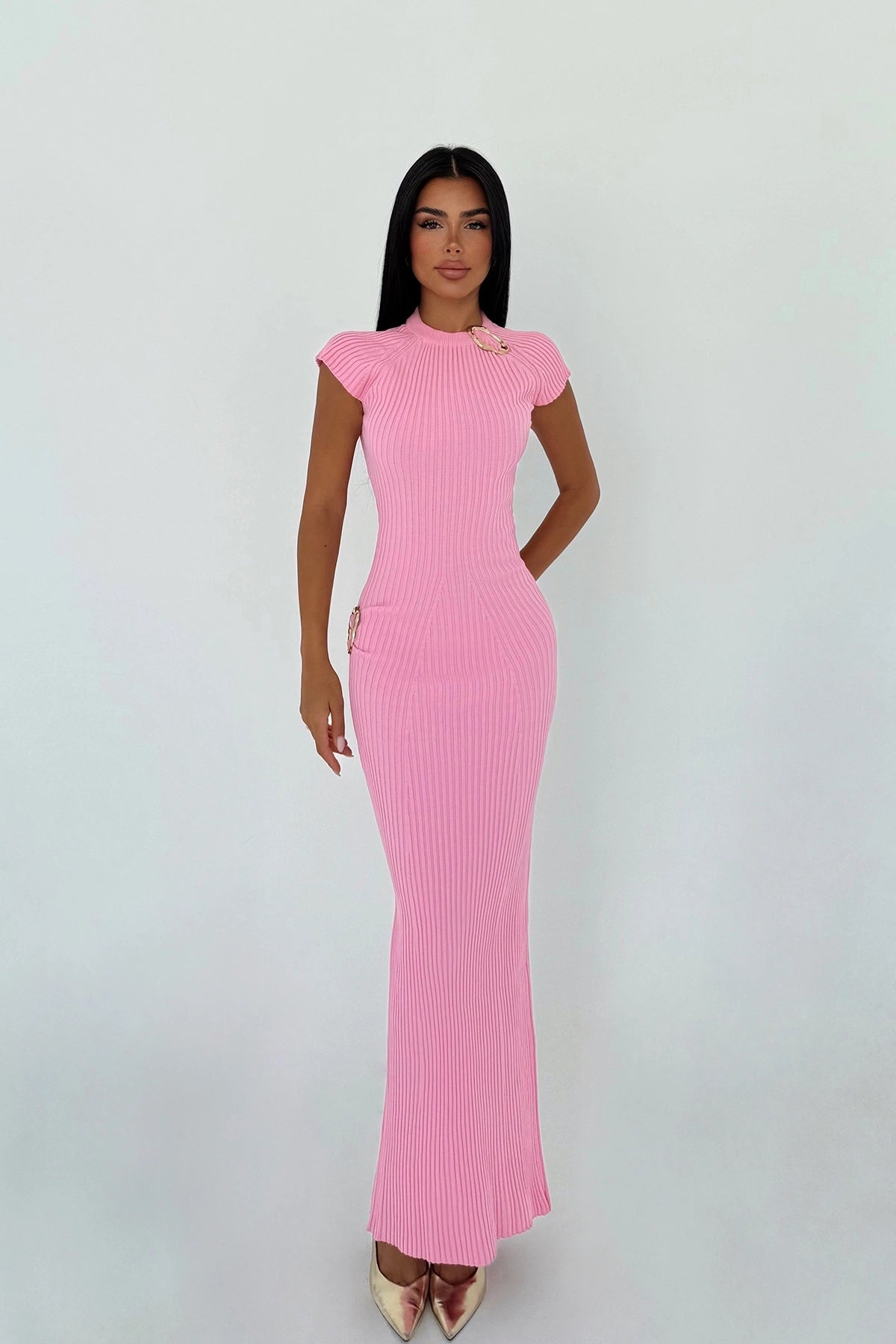 Pembe Triko Uzun Elbise XS