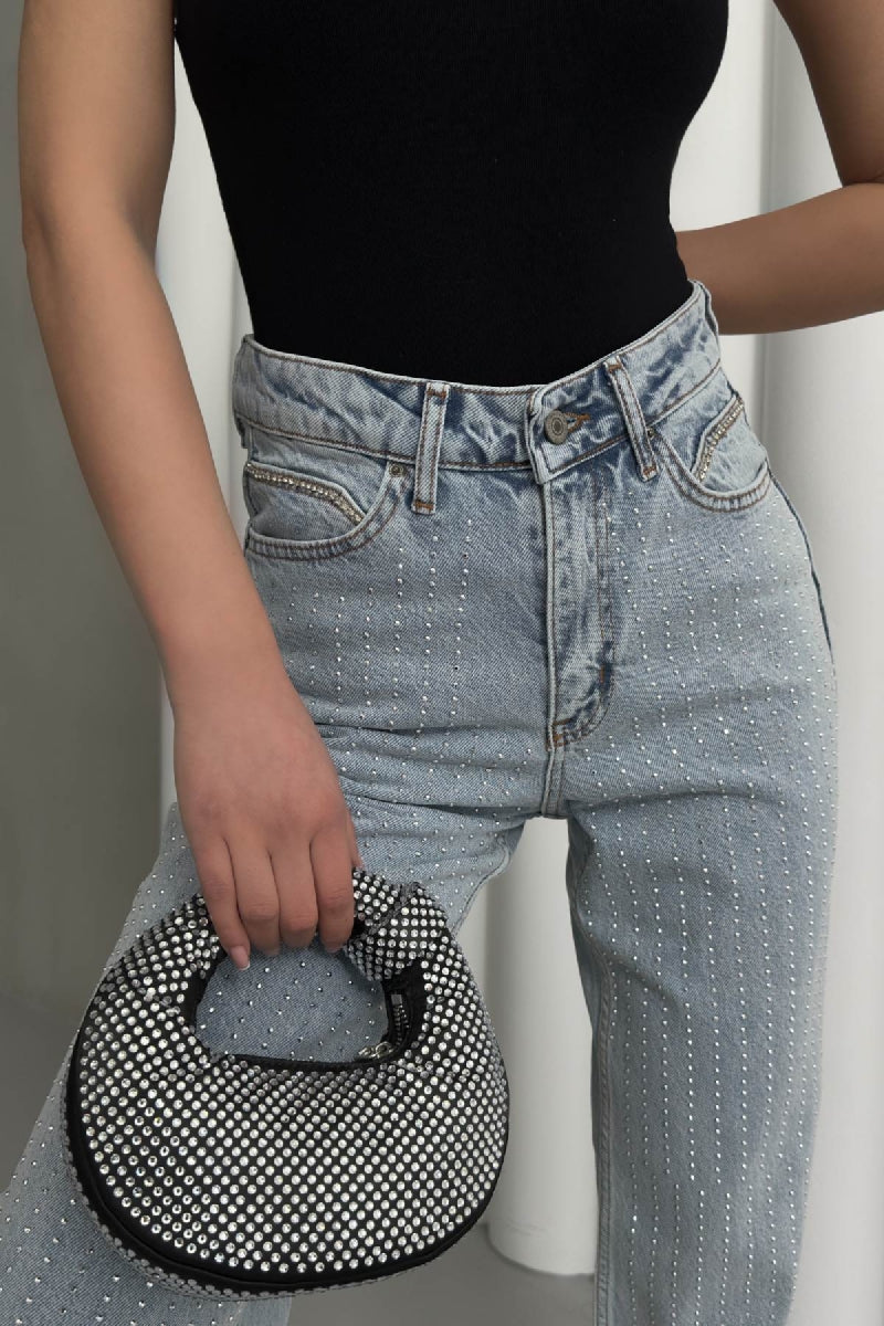 Taşlı Gizli Arka Cep Detaylı Palazzo Jean - Kar Yıkama Açık Mavi - (27-32) - 5