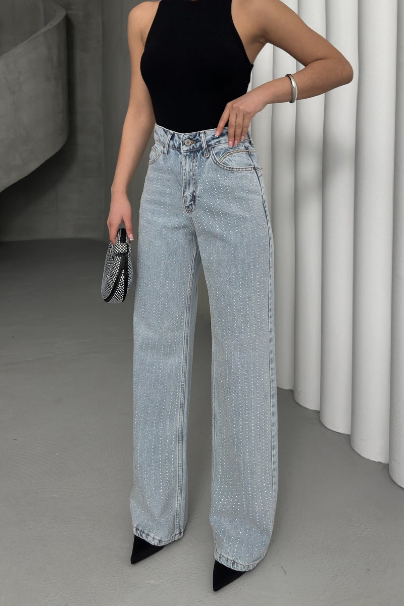 Taşlı Gizli Arka Cep Detaylı Palazzo Jean - Kar Yıkama Açık Mavi - (27-32) - 6