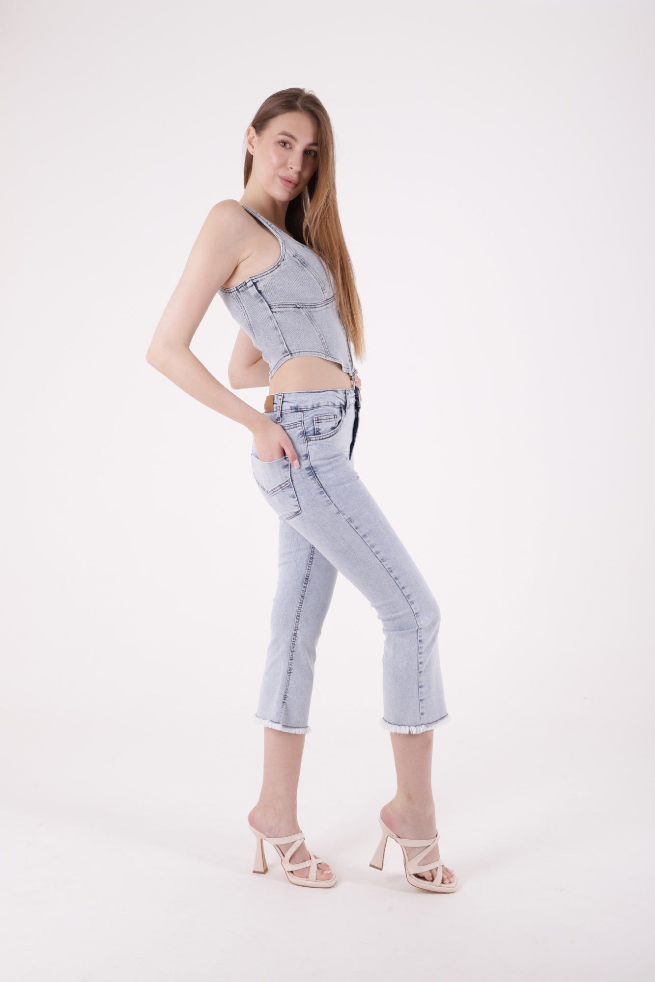 Likralı Culotte Pantolon - Kar Yıkama Açık Mavi - (27-32) - 4