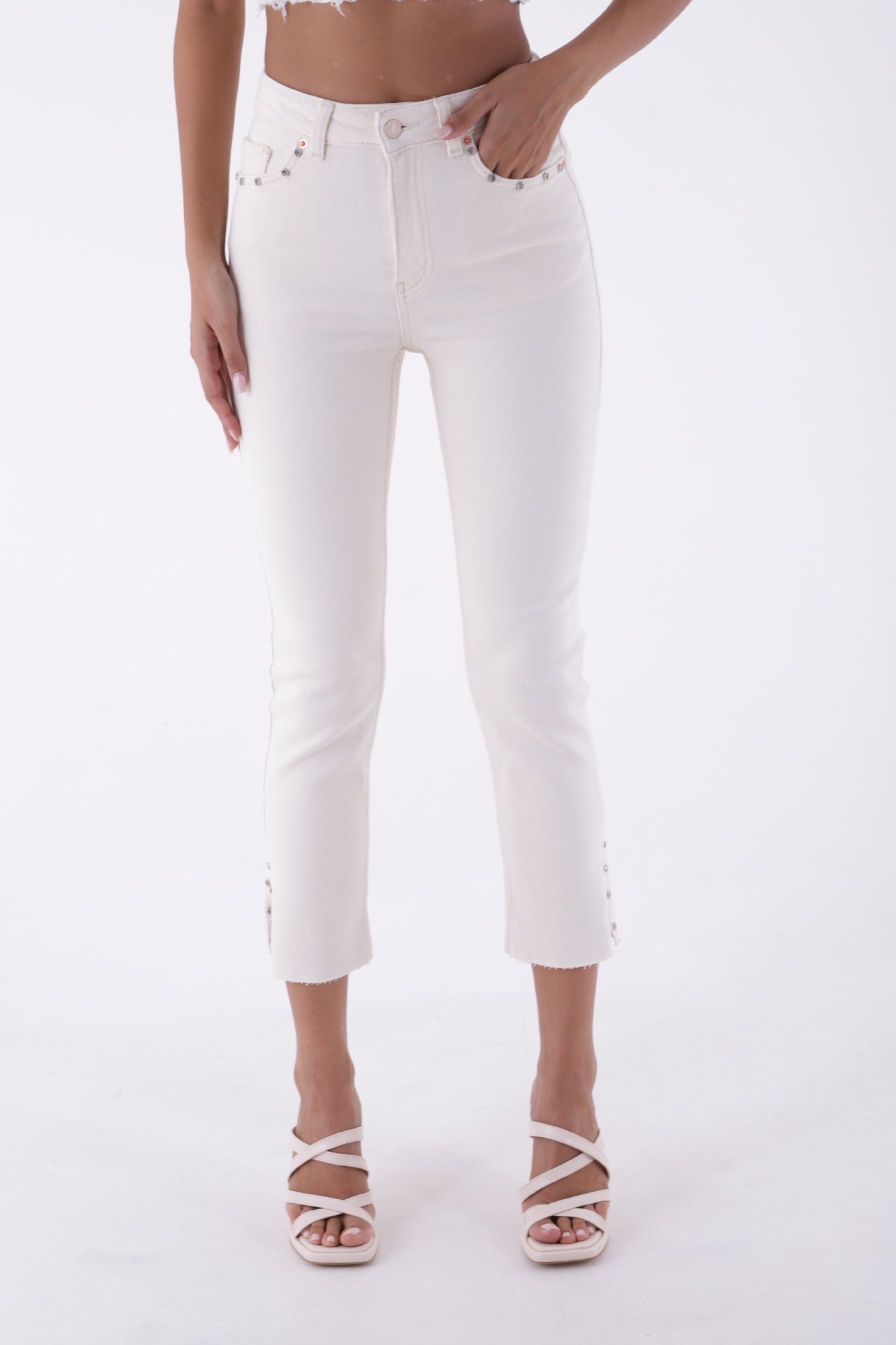 Yanı Yırtmaçlı Flare Paça Mom Kot Pantolon - Naturel - (26-31) - 2