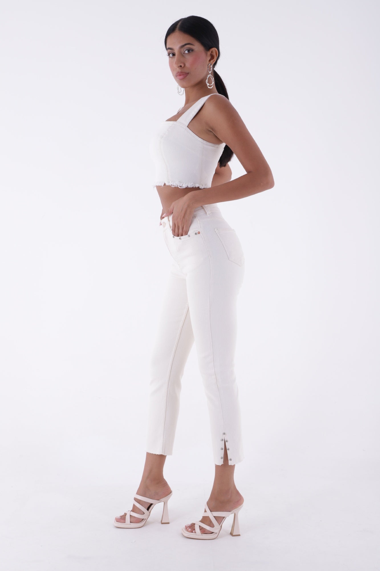 Yanı Yırtmaçlı Flare Paça Mom Kot Pantolon - Naturel - (28-33) - 4