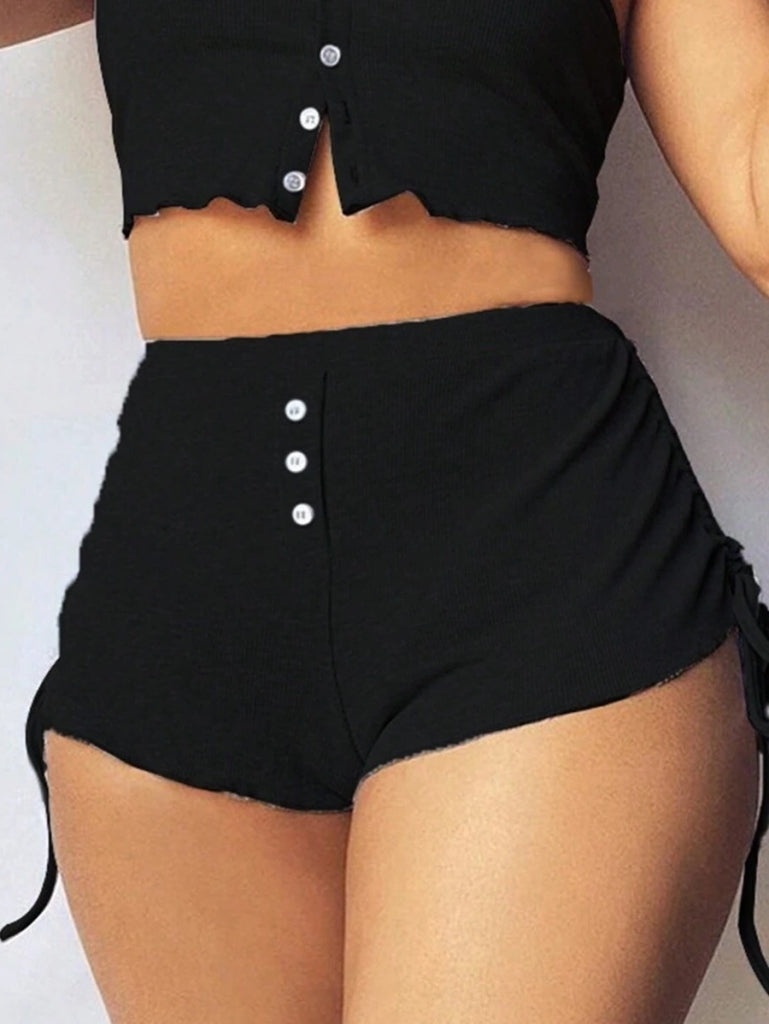 Kadın Ip Askılı Crop Bluz Ve Yanlardan Büzgülü Ikili Kaşkorse Short Takım, 17812
