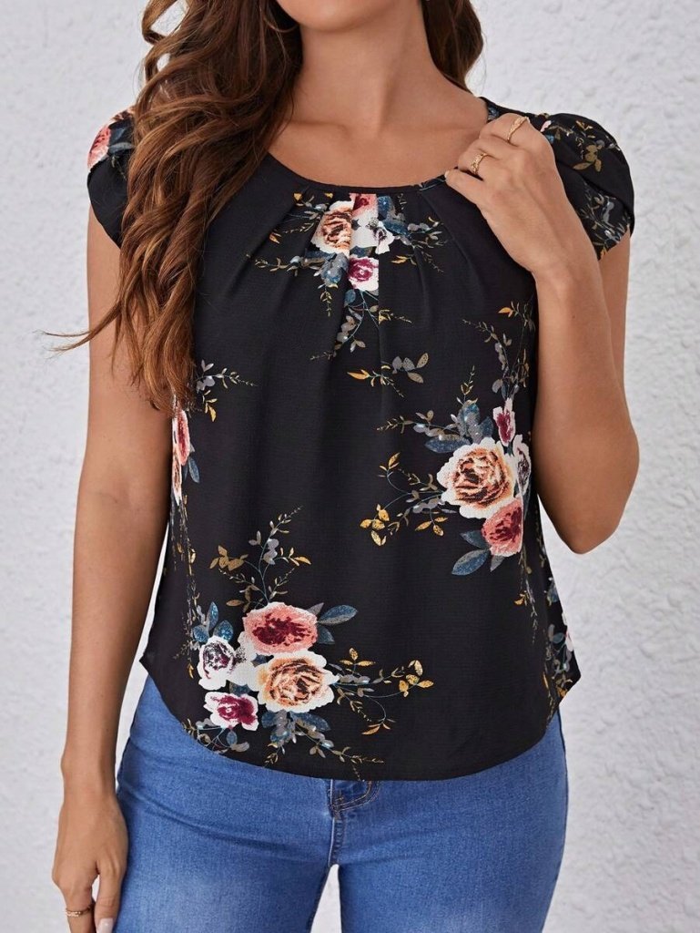 Women's Short-Sleeved Crew Neck Floral Print Supra Blouse, 26659