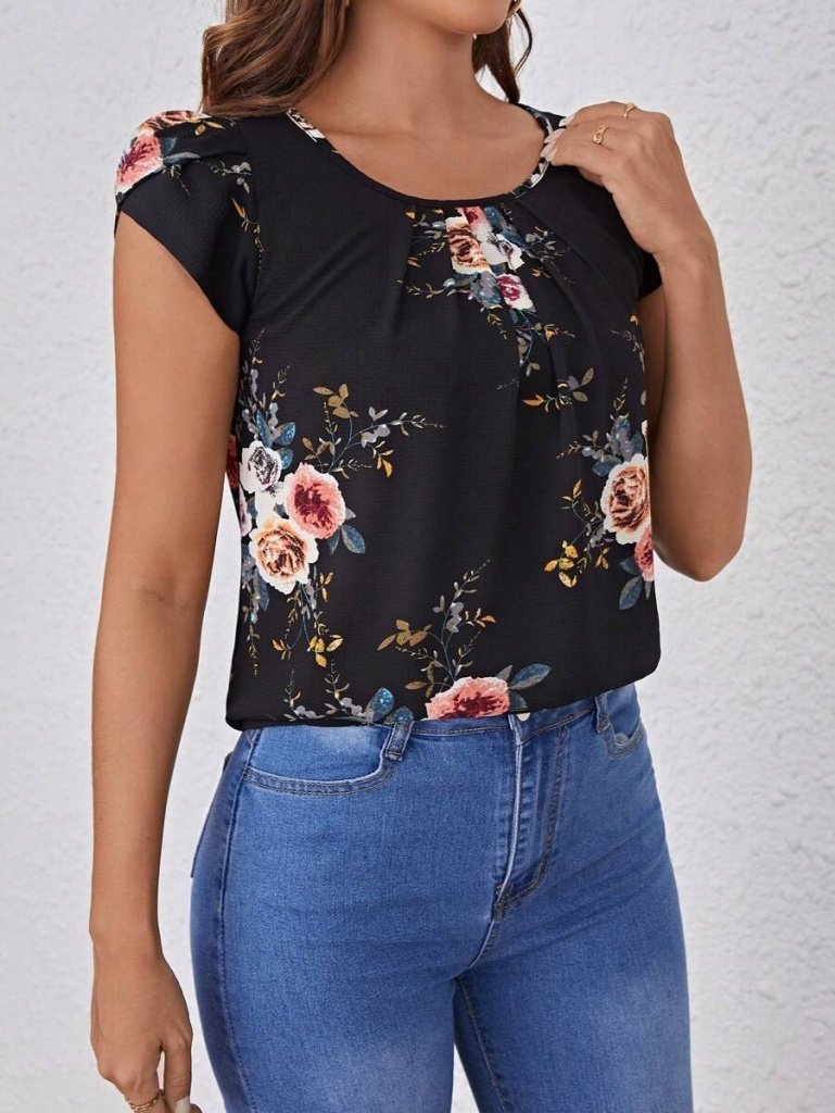 Women's Short-Sleeved Crew Neck Floral Print Supra Blouse, 26659