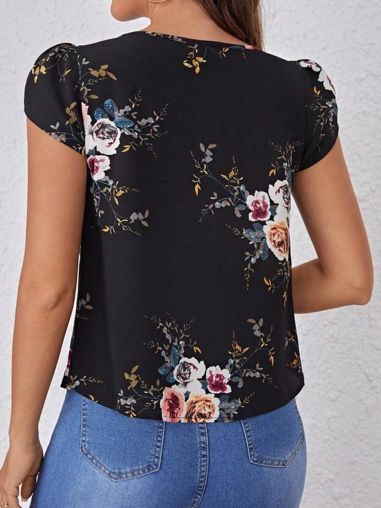 Women's Short-Sleeved Crew Neck Floral Print Supra Blouse, 26659