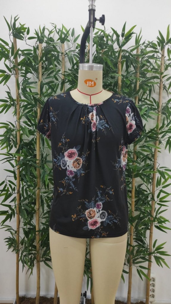 Women's Short-Sleeved Crew Neck Floral Print Supra Blouse, 26659