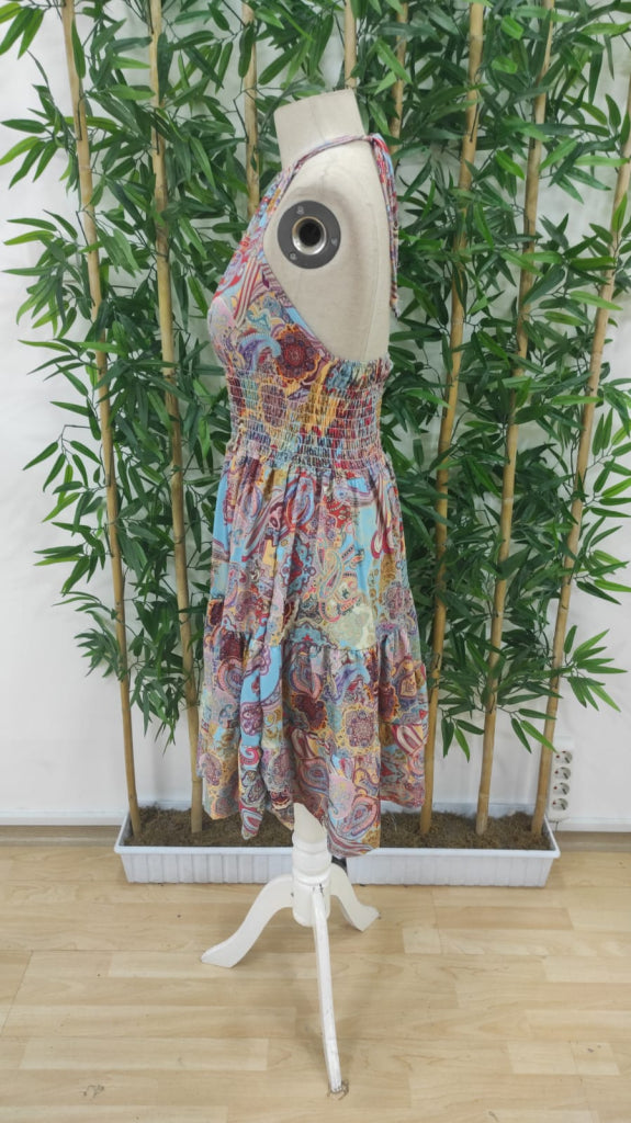 Women's Shirred Waist Halter Neck Patterned Suprem Mini Dress, 31880