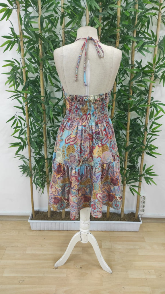 Women's Shirred Waist Halter Neck Patterned Suprem Mini Dress, 31880