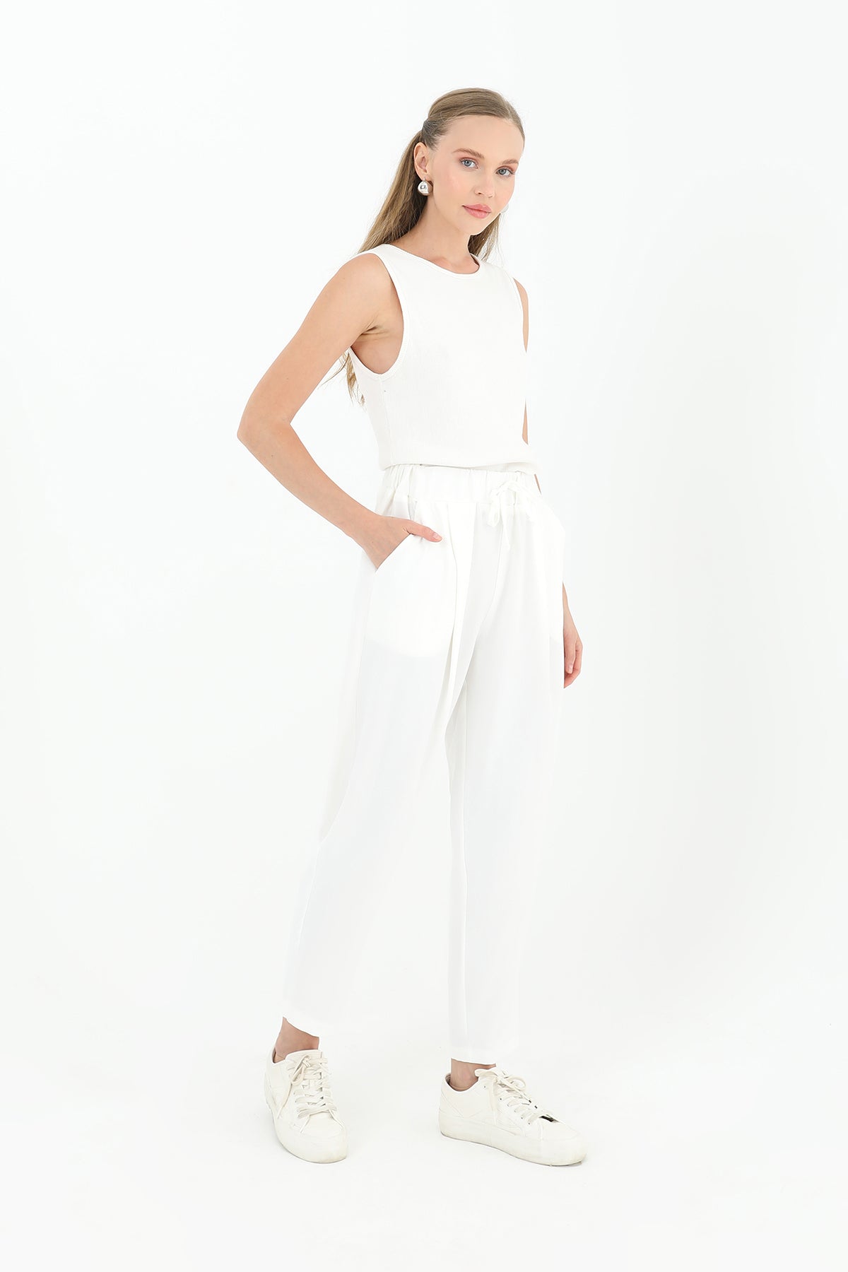 Kadın Beli Bağlamalı Havuç Form Pantolon - 18102PNT - ECRU