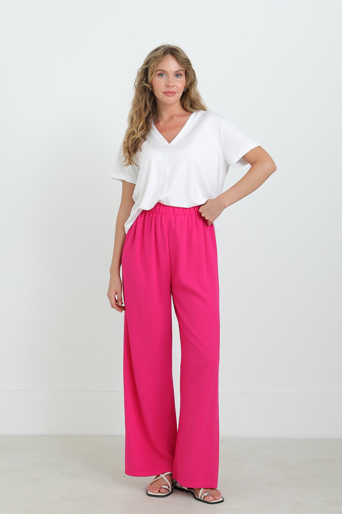 Kadın Geniş Paça Yüksek Bel Pantolon - 18103PNT - FUCHSIA