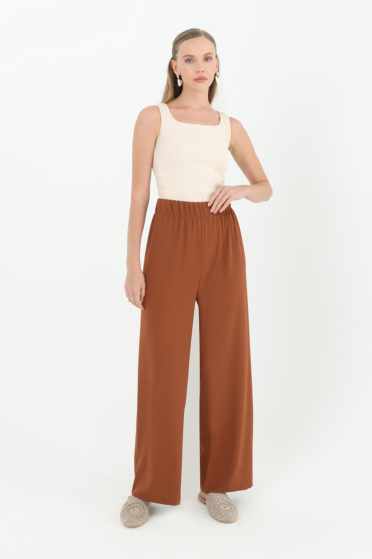Kadın Geniş Paça Yüksek Bel Pantolon - 18103PNT - BROWN