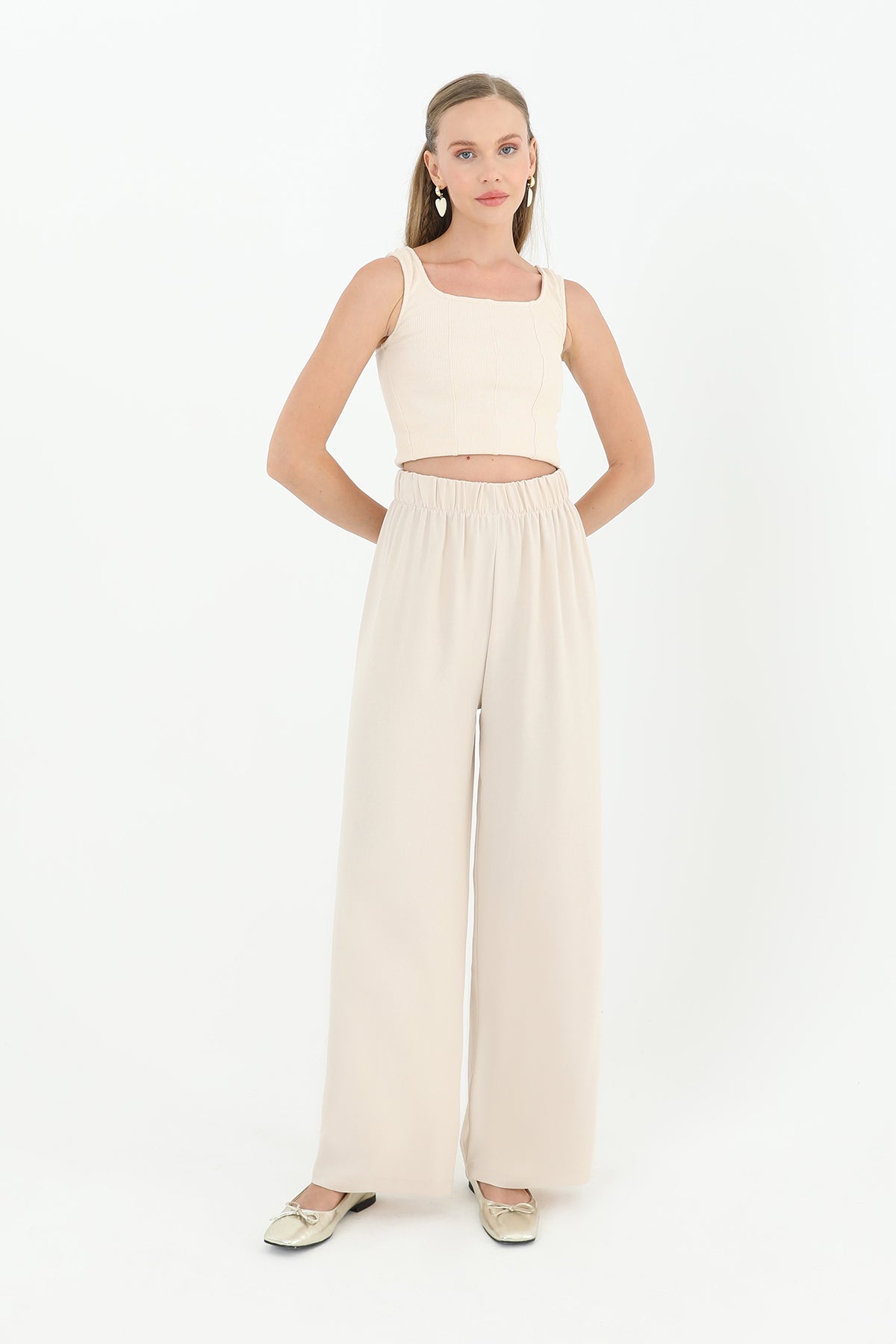 Kadın Geniş Paça Yüksek Bel Pantolon - 18103PNT - BEIGE