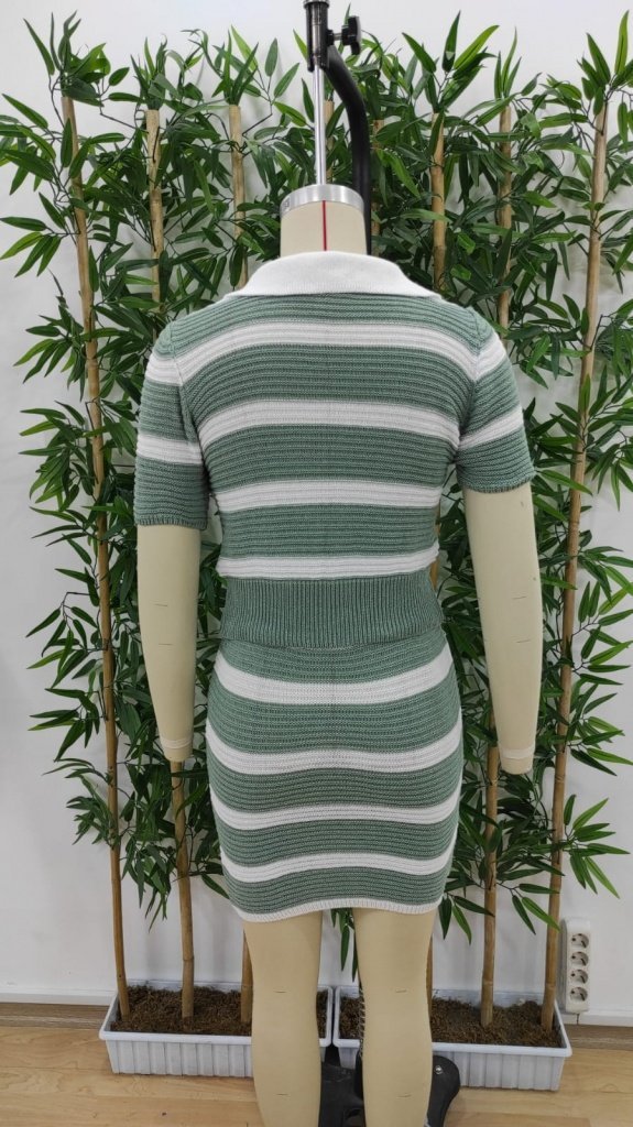 Kadın Kısa Kollu Polo Yaka Crop Asimetrik Mini Triko Etek Ikili Takım , 36340