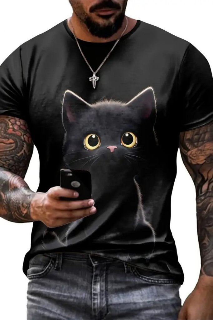 Erkek Bisiklet Yaka Kedi Baskılı Süprem T-shirt , 18566