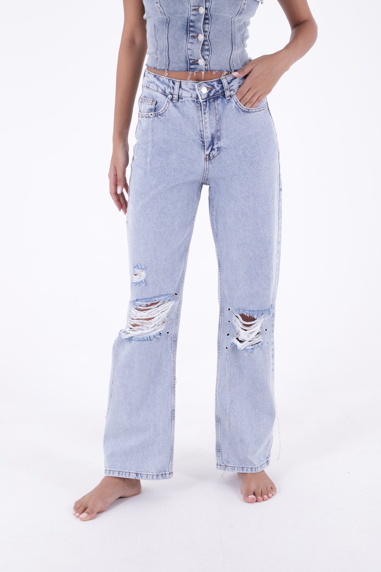 Kuşgözlü Zincirli Pantolon - Kar Yıkama Açık Mavi - (26-31) - 2