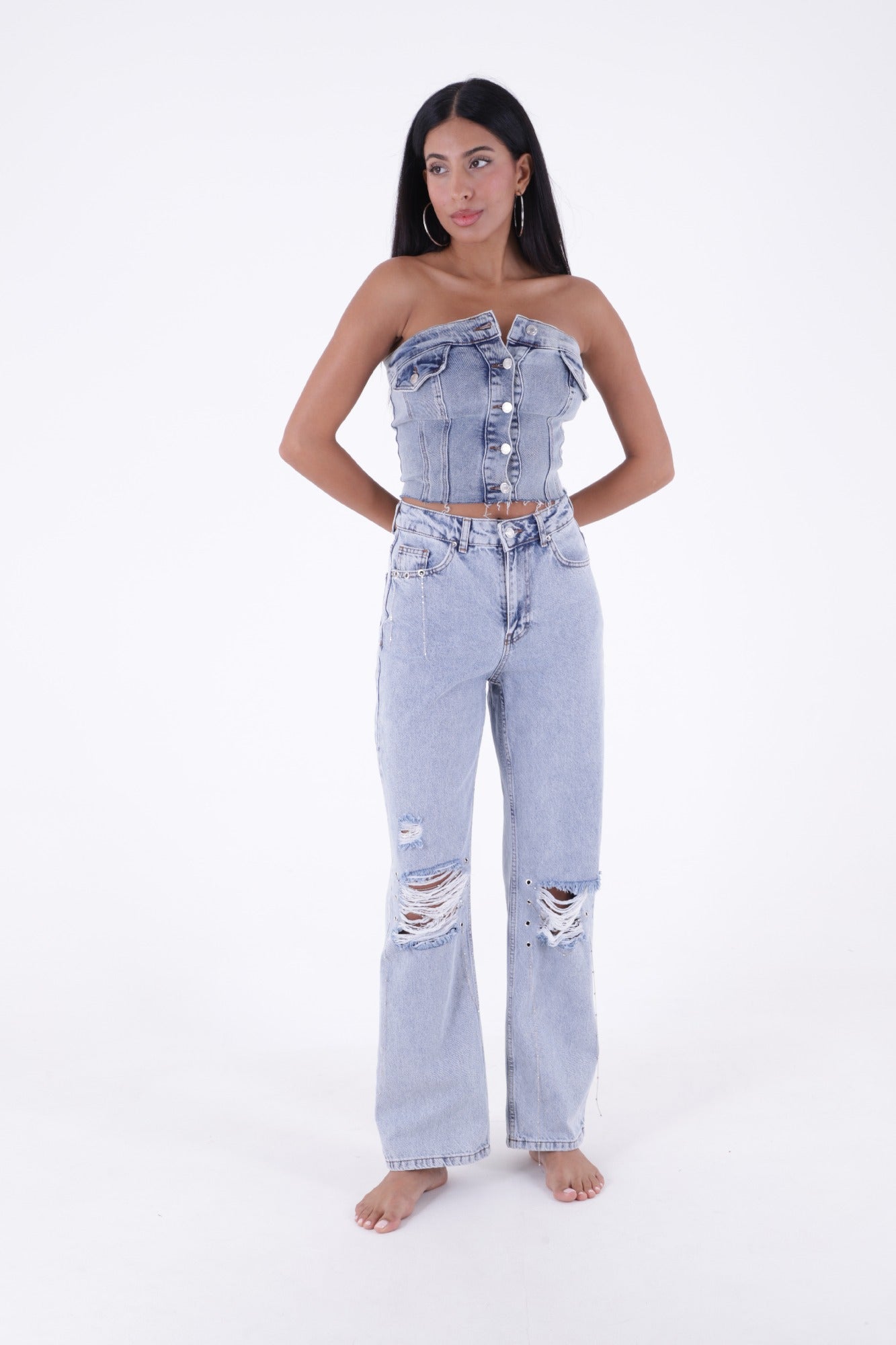 Kuşgözlü Zincirli Pantolon Kar Yıkama Açık Mavi