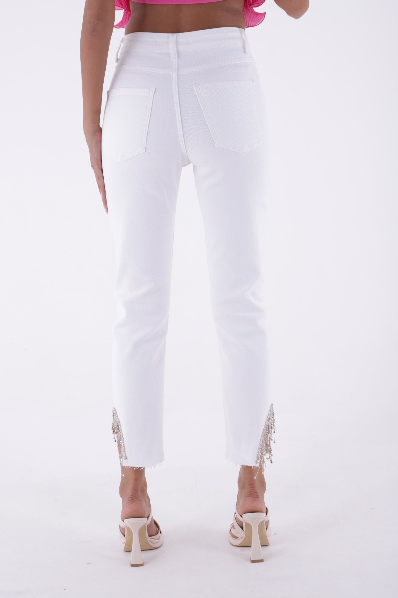 Taşlı Asimetrik Paça Pantolon - Beyaz - (26-31) - 5