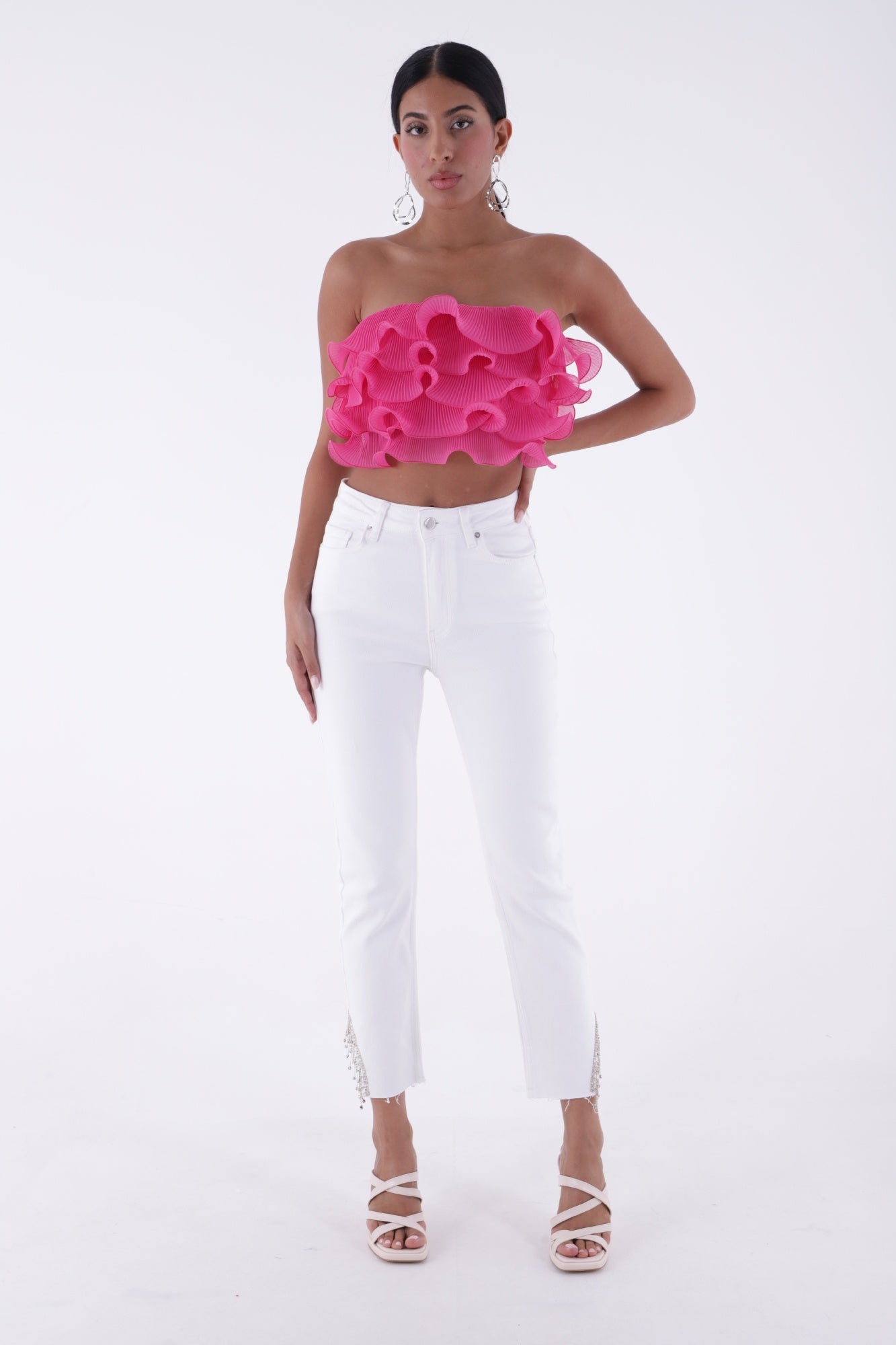 Taşlı Asimetrik Paça Pantolon Beyaz