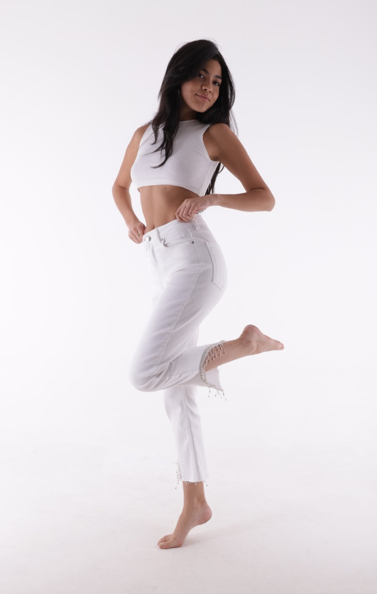 Taşlı Asimetrik Paça Pantolon - Beyaz - (28-33) - 4